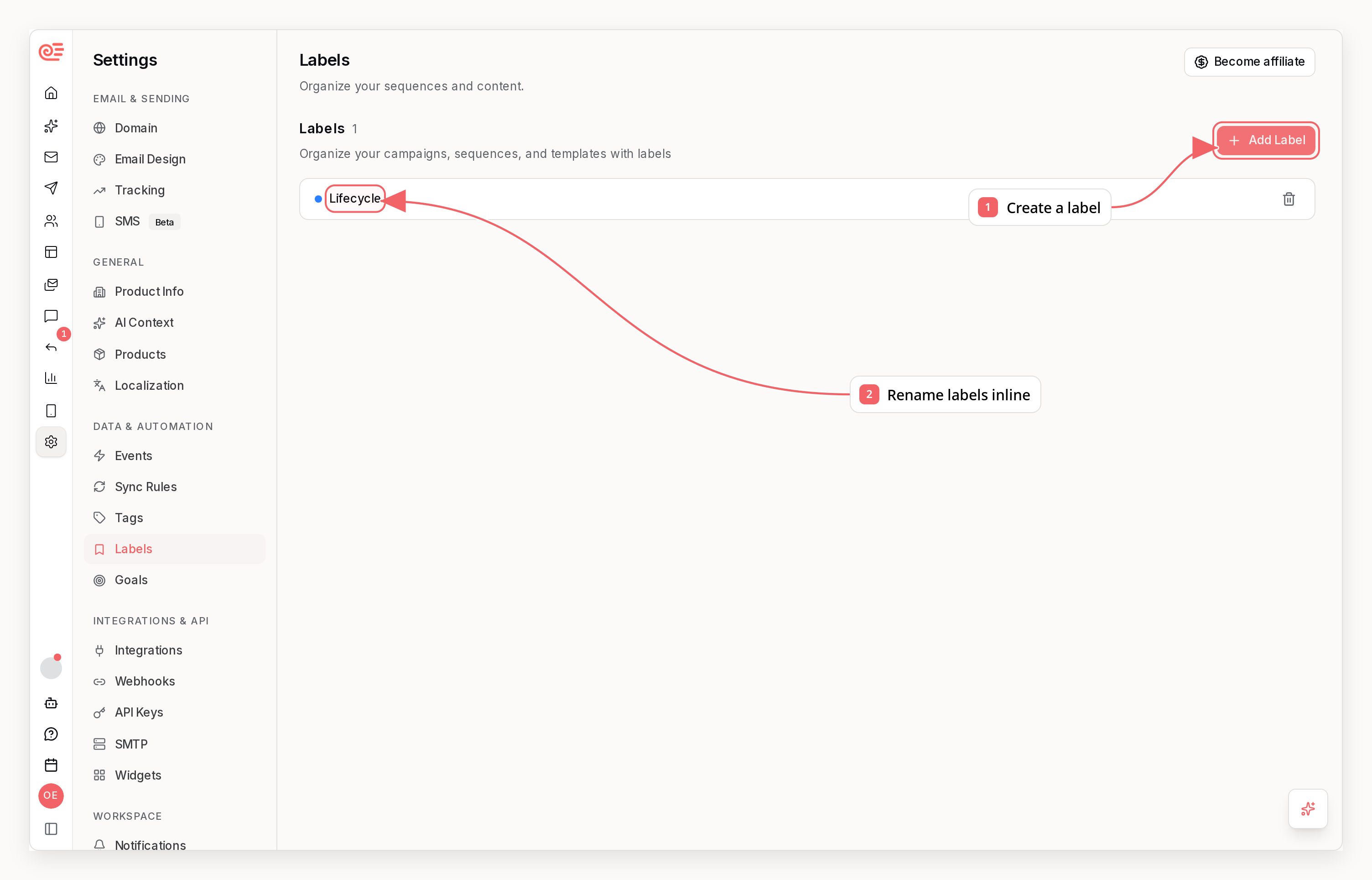 Sequenzy label settings with callouts showing reusable content labels