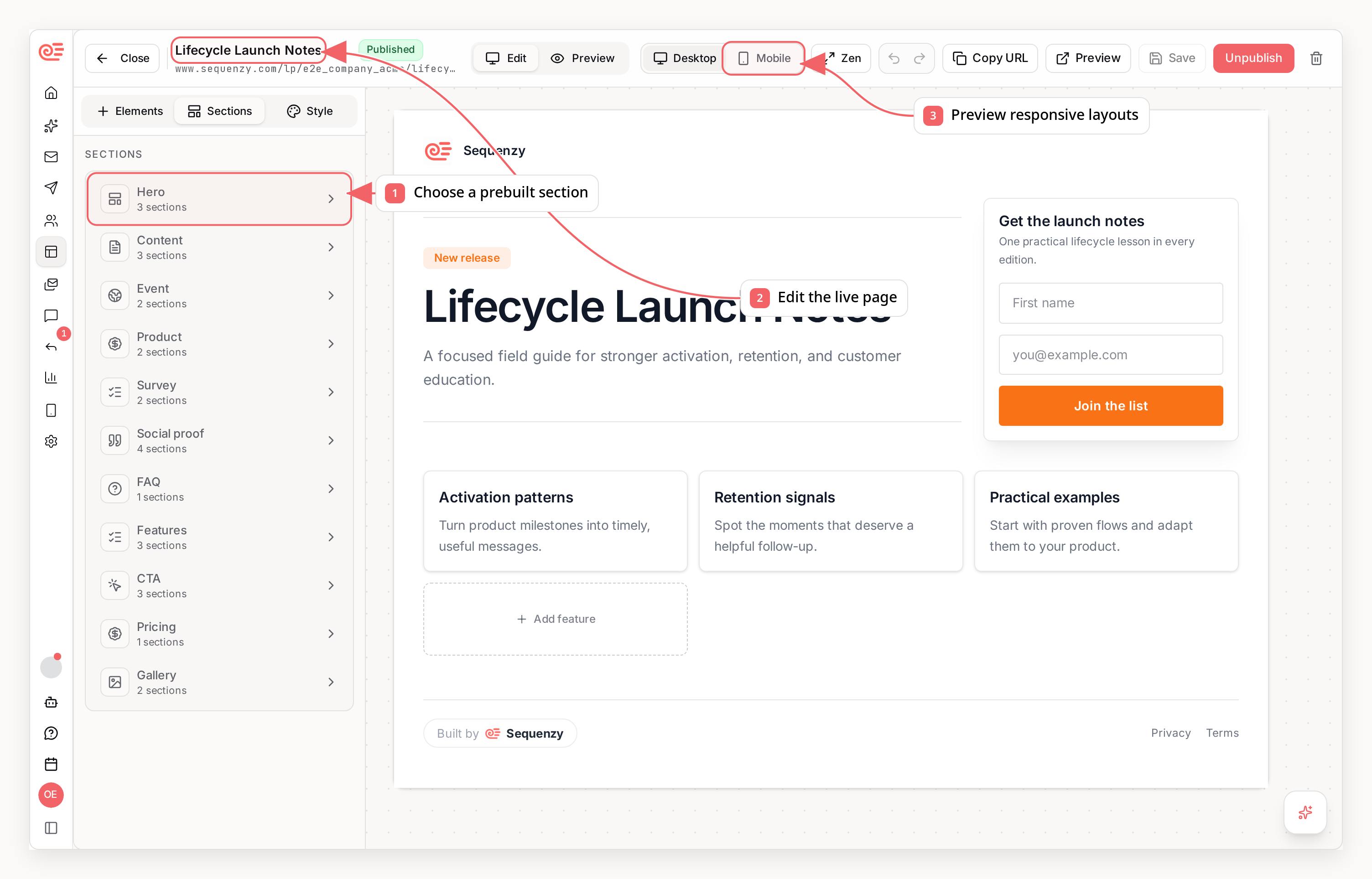 Sequenzy landing page editor with callouts showing prebuilt sections, live editing, and responsive previews