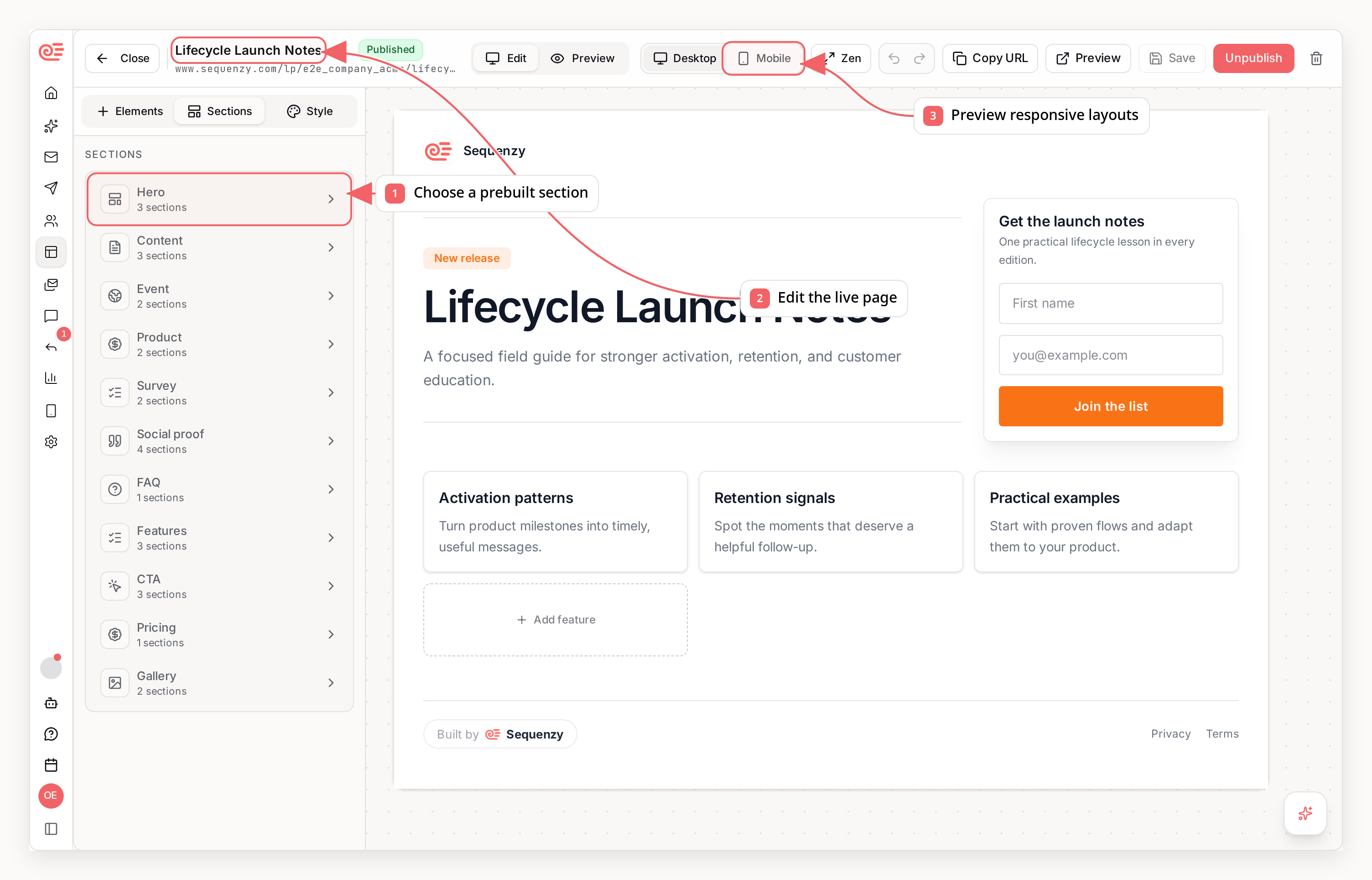 Sequenzy landing page editor with callouts showing prebuilt sections, live editing, and responsive previews
