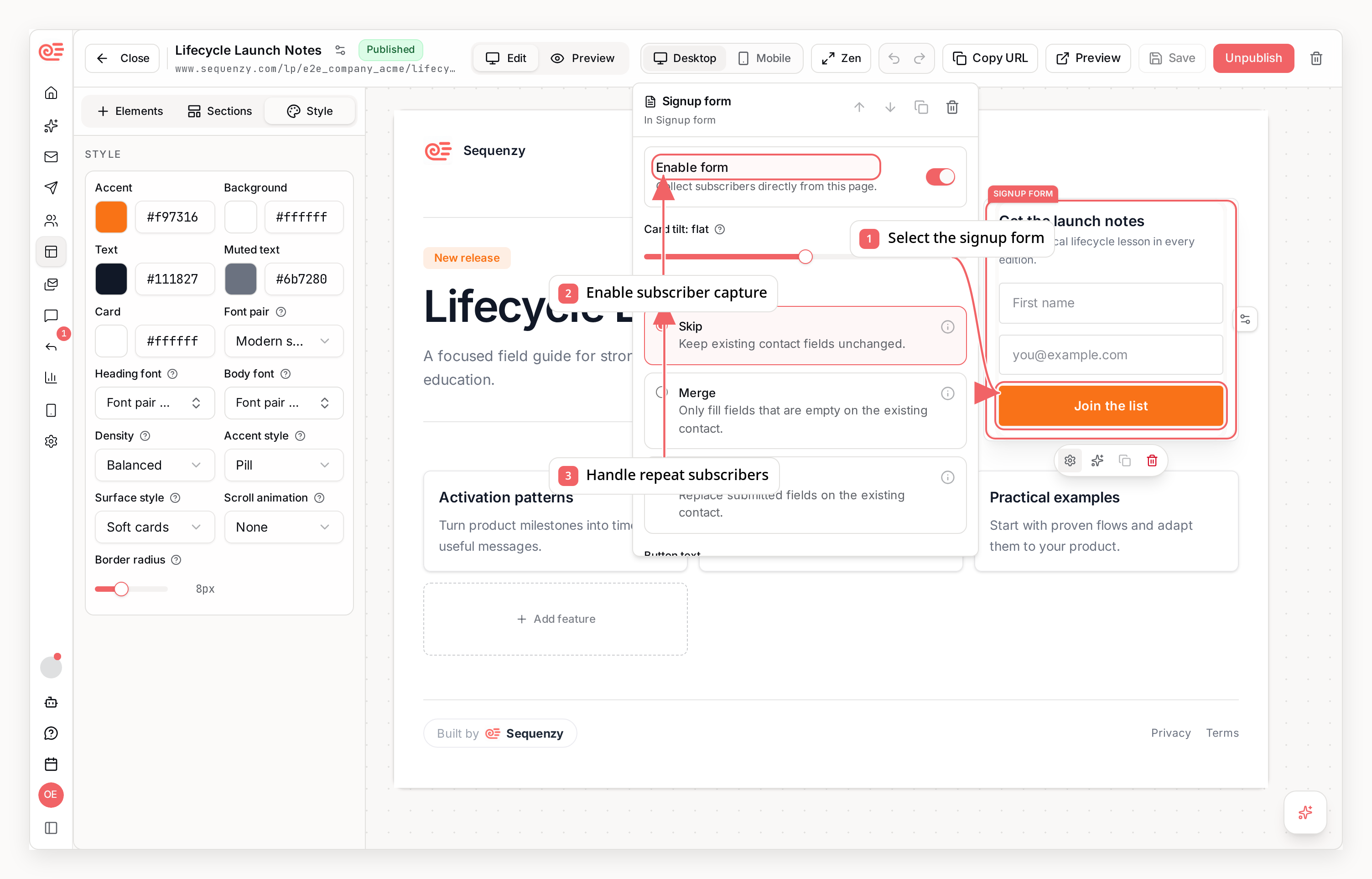Sequenzy landing page form settings with callouts showing subscriber and audience controls