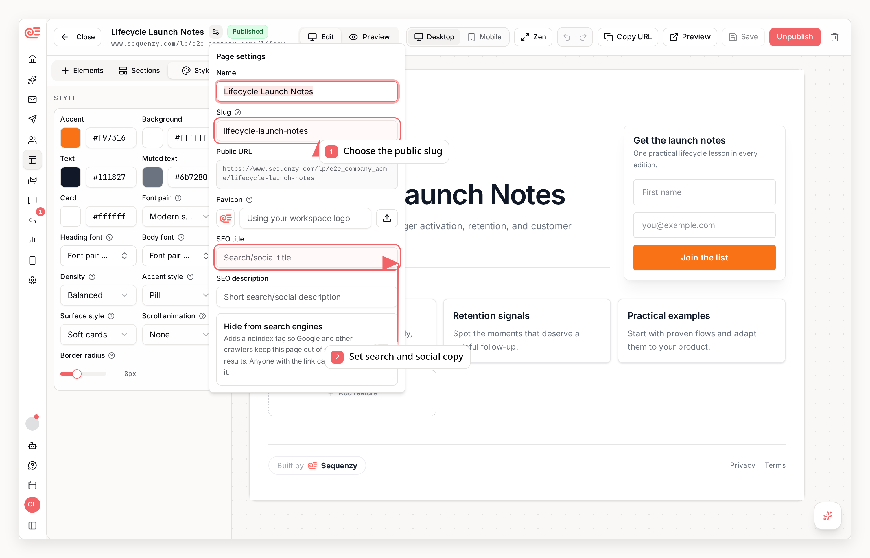 Sequenzy landing page settings with callouts showing the public slug and search metadata