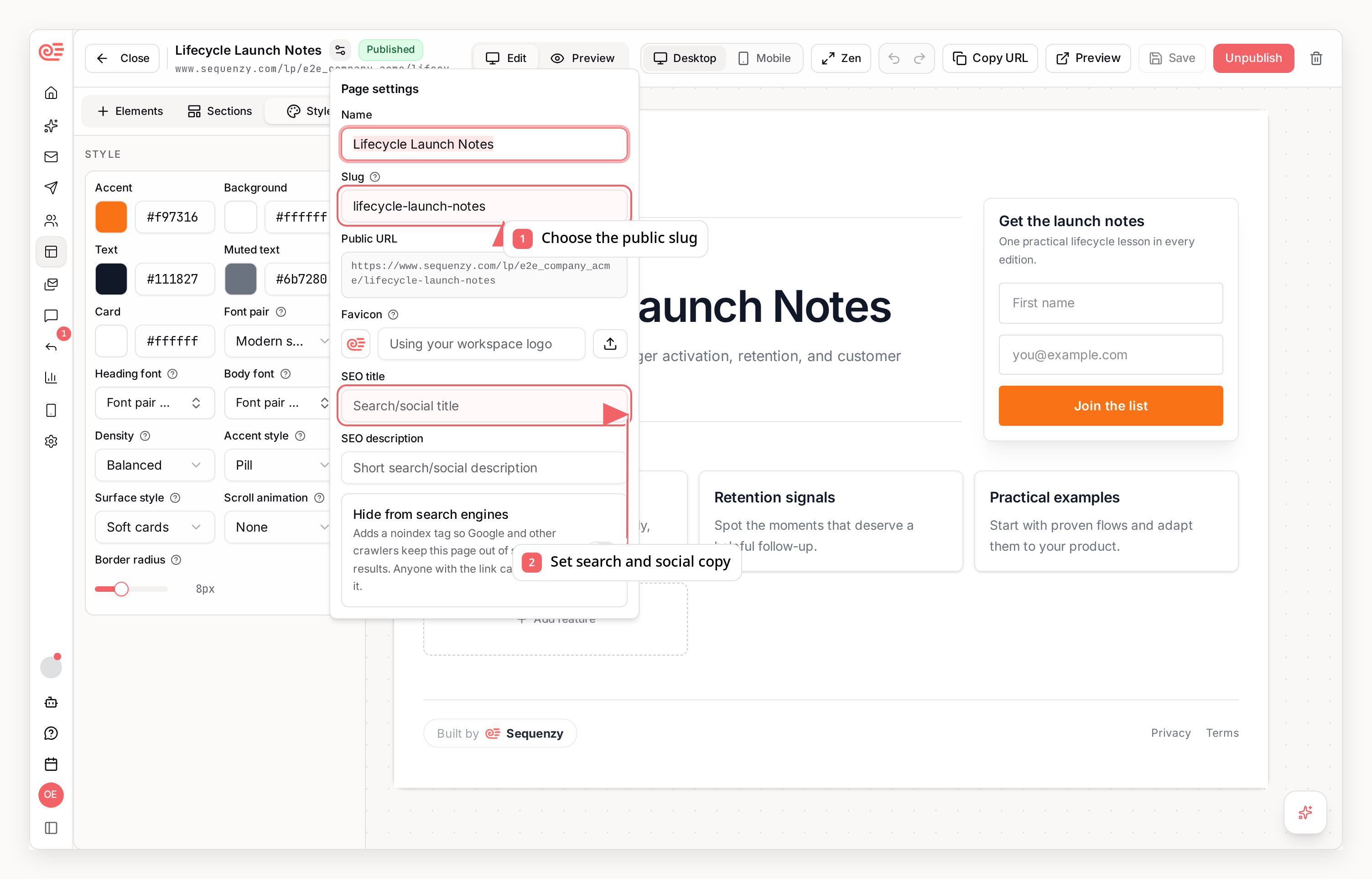 Sequenzy landing page settings with callouts showing the public slug and search metadata