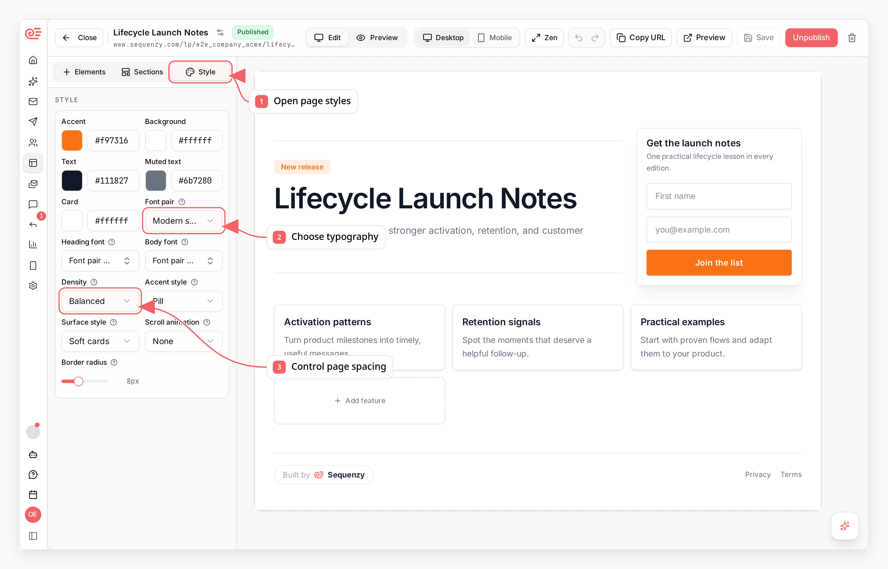 Sequenzy landing page style panel with callouts showing typography and layout controls