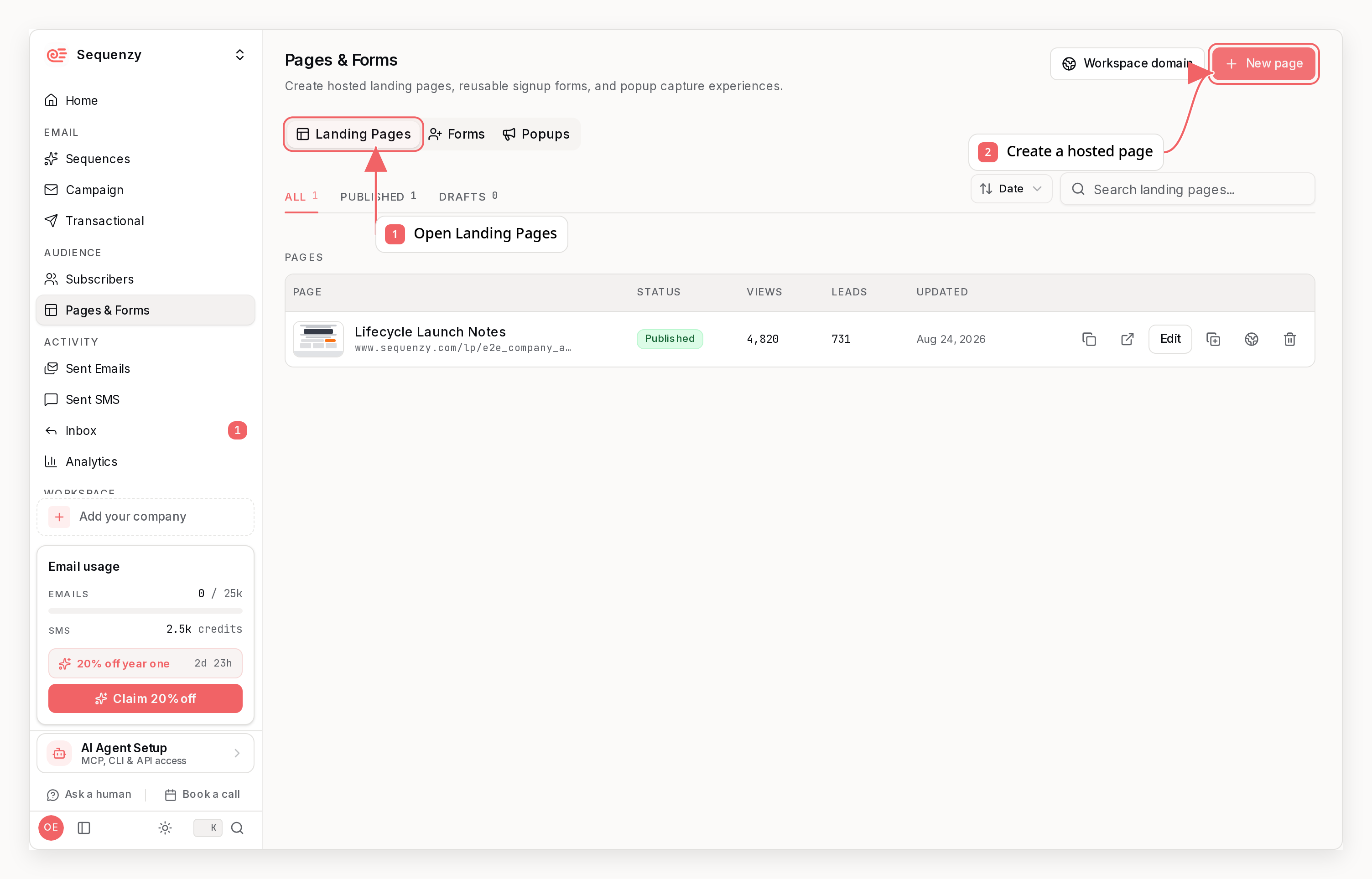 Sequenzy landing pages list with callouts showing hosted pages and page creation