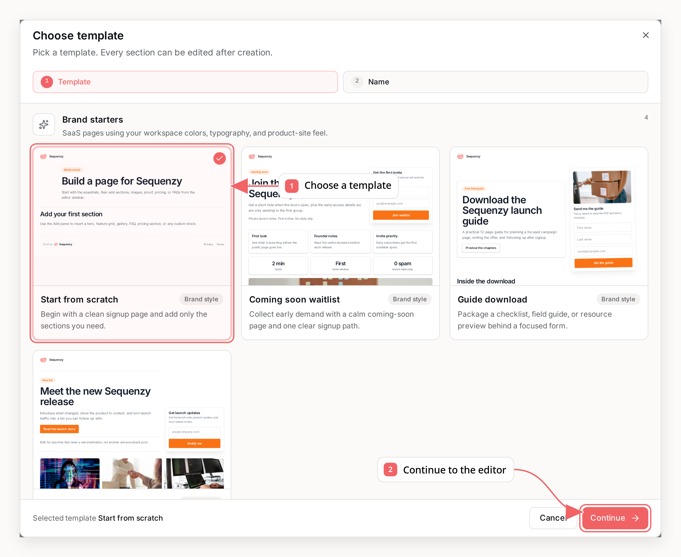 Sequenzy landing page templates with callouts showing how to choose a template and continue