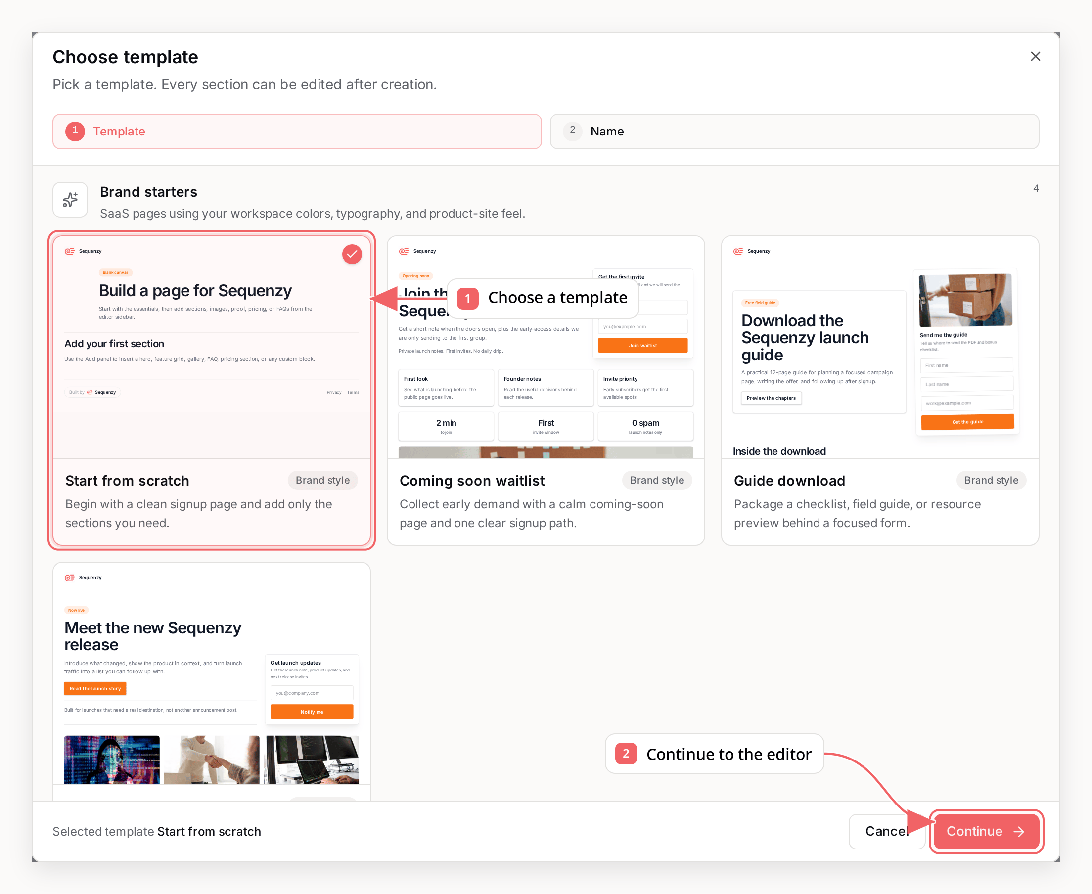 Sequenzy landing page templates with callouts showing how to choose a template and continue