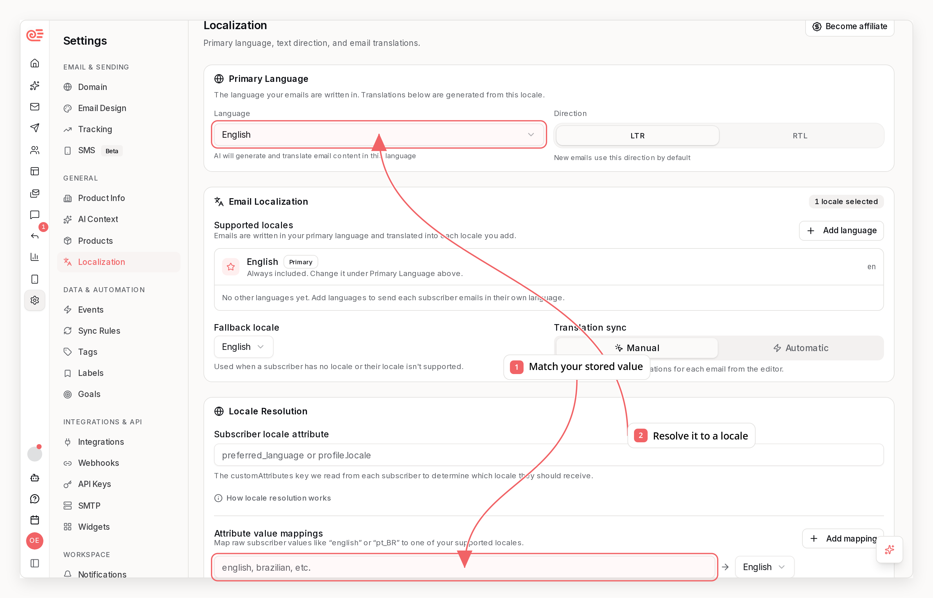 Sequenzy localization settings with callouts showing language, direction, and locale mappings