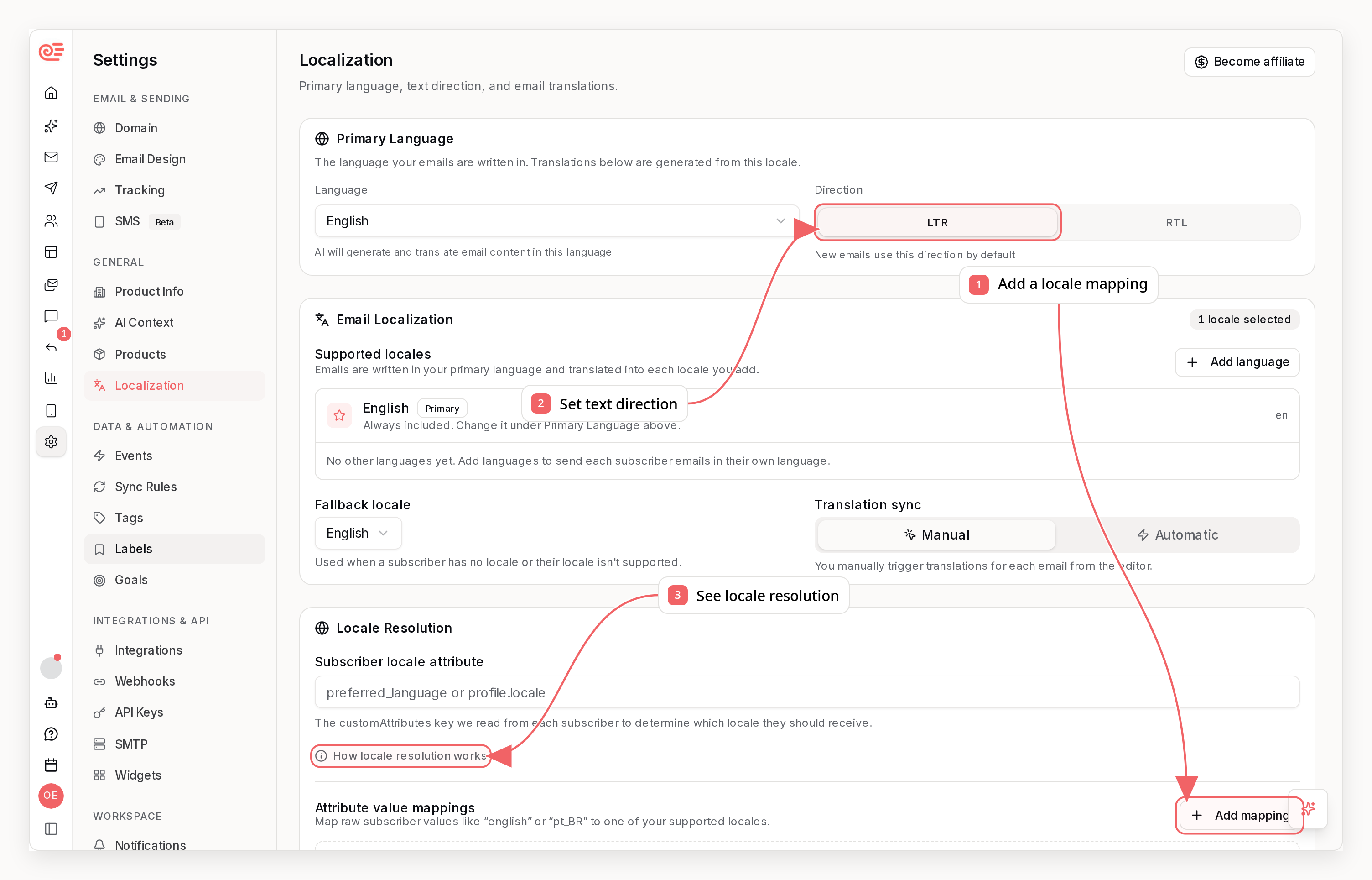 Sequenzy localization settings with callouts showing locale mappings and text direction