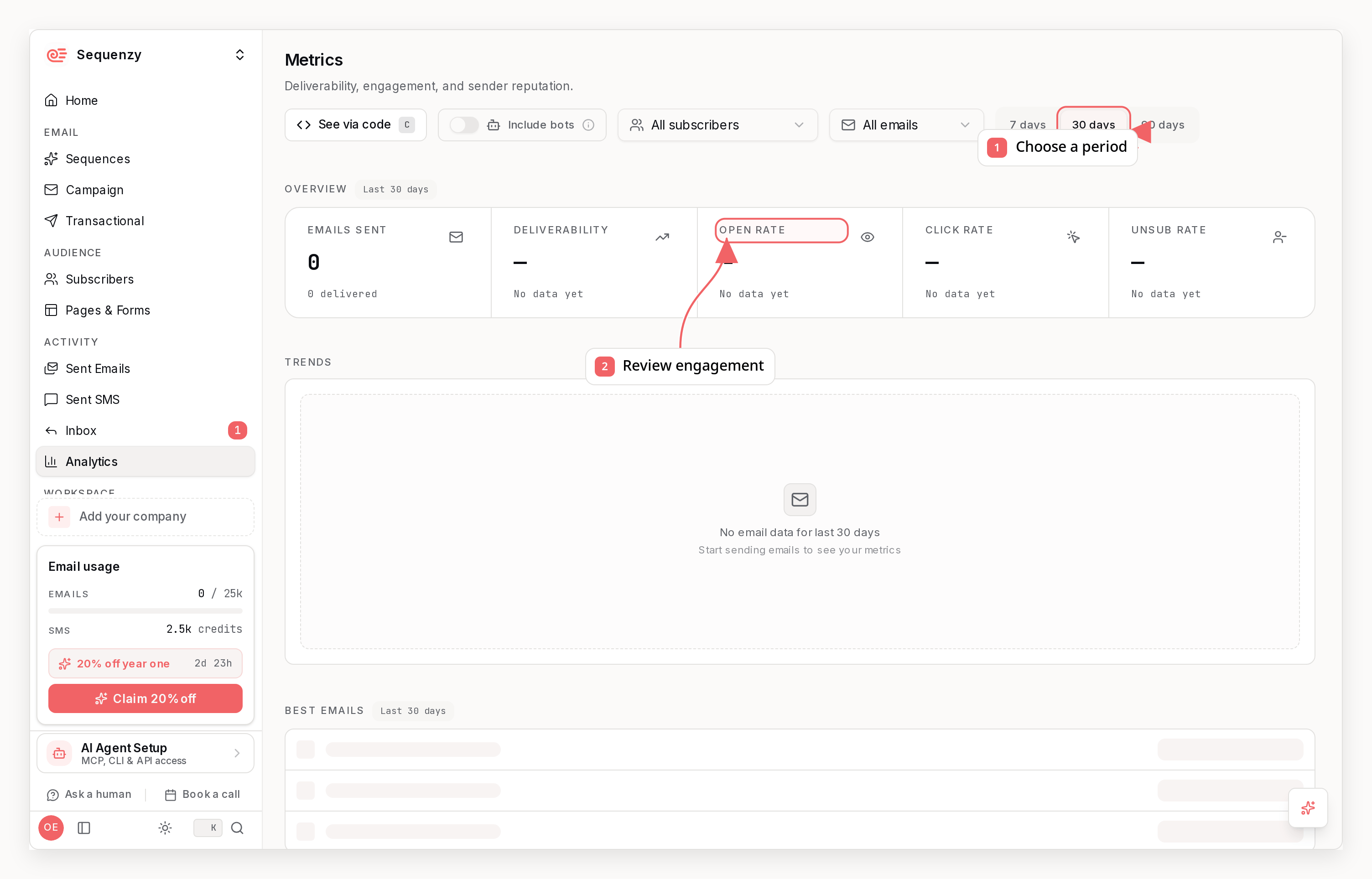 Sequenzy metrics dashboard with callouts showing the reporting period and engagement metrics