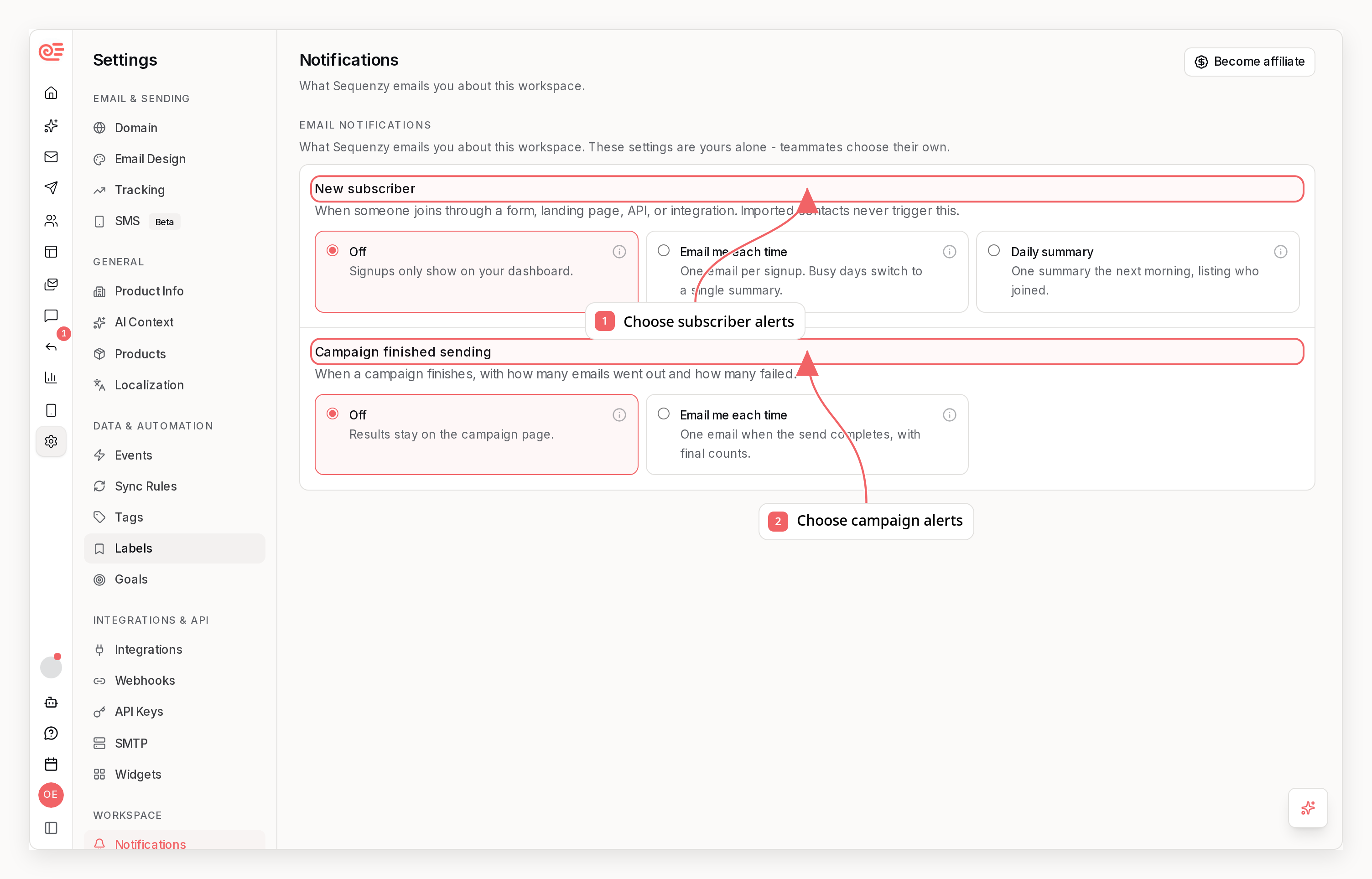 Sequenzy notification settings with callouts showing subscriber and campaign alerts