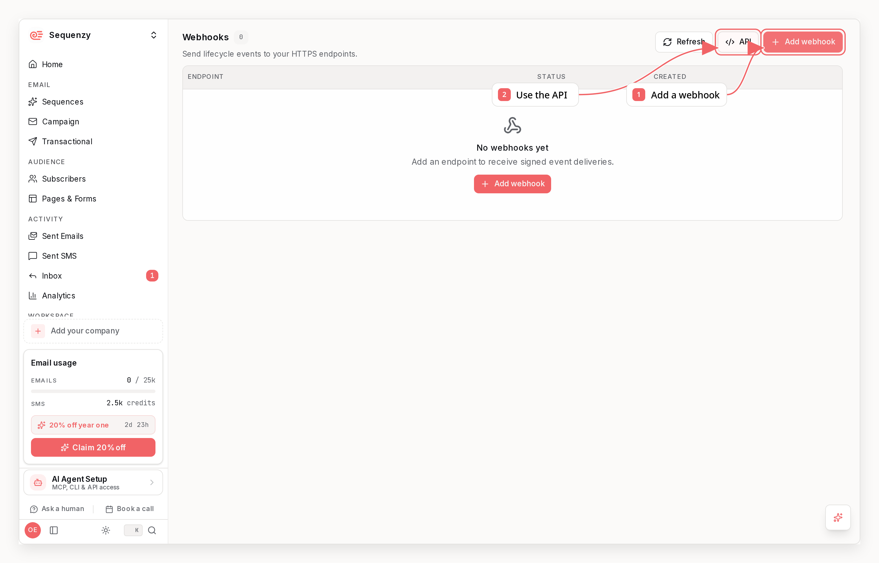 Sequenzy webhooks dashboard with callouts showing how to add a webhook or use the API