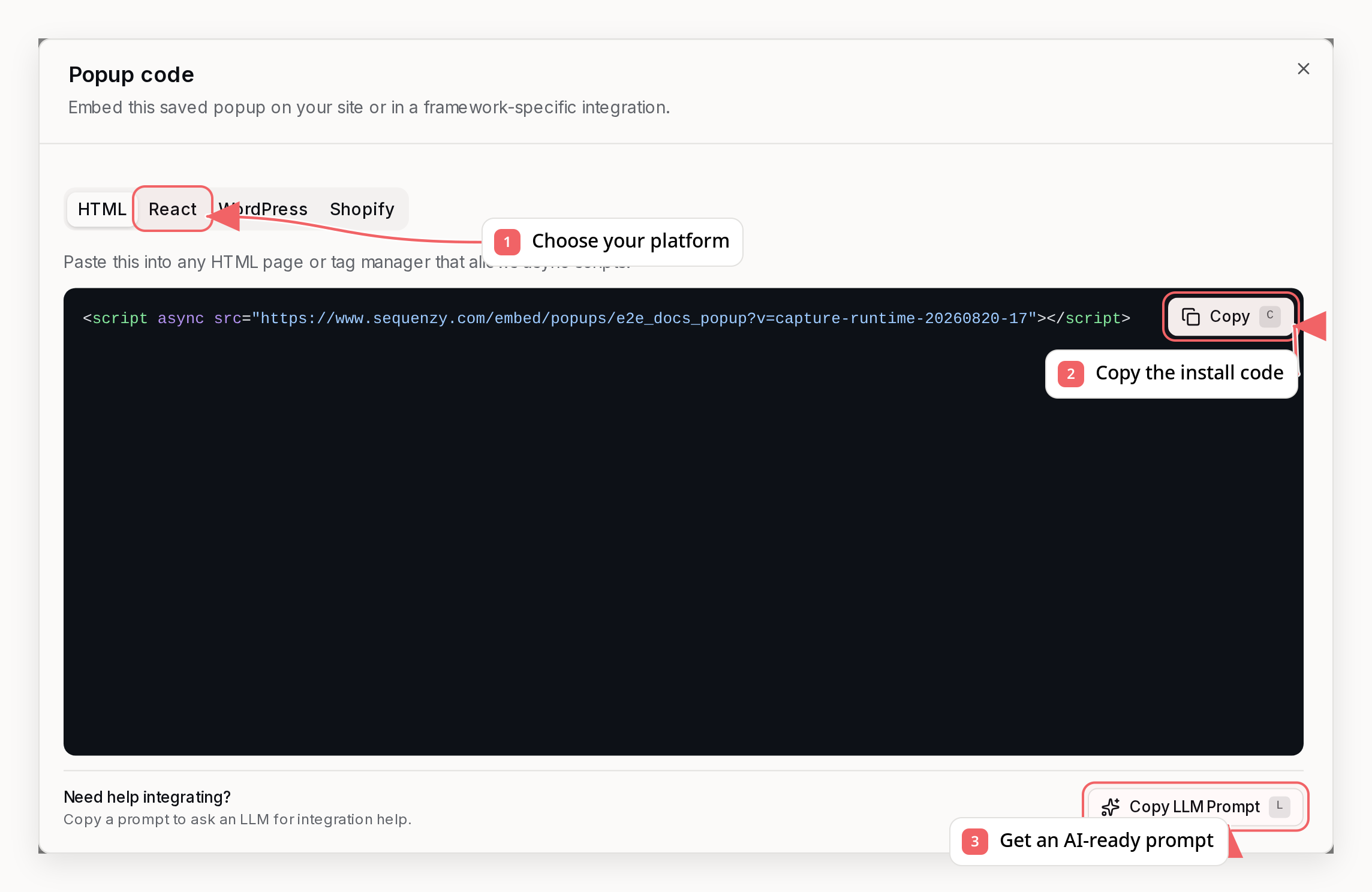 Sequenzy popup code dialog with callouts showing platform tabs, install code, and an AI-ready prompt