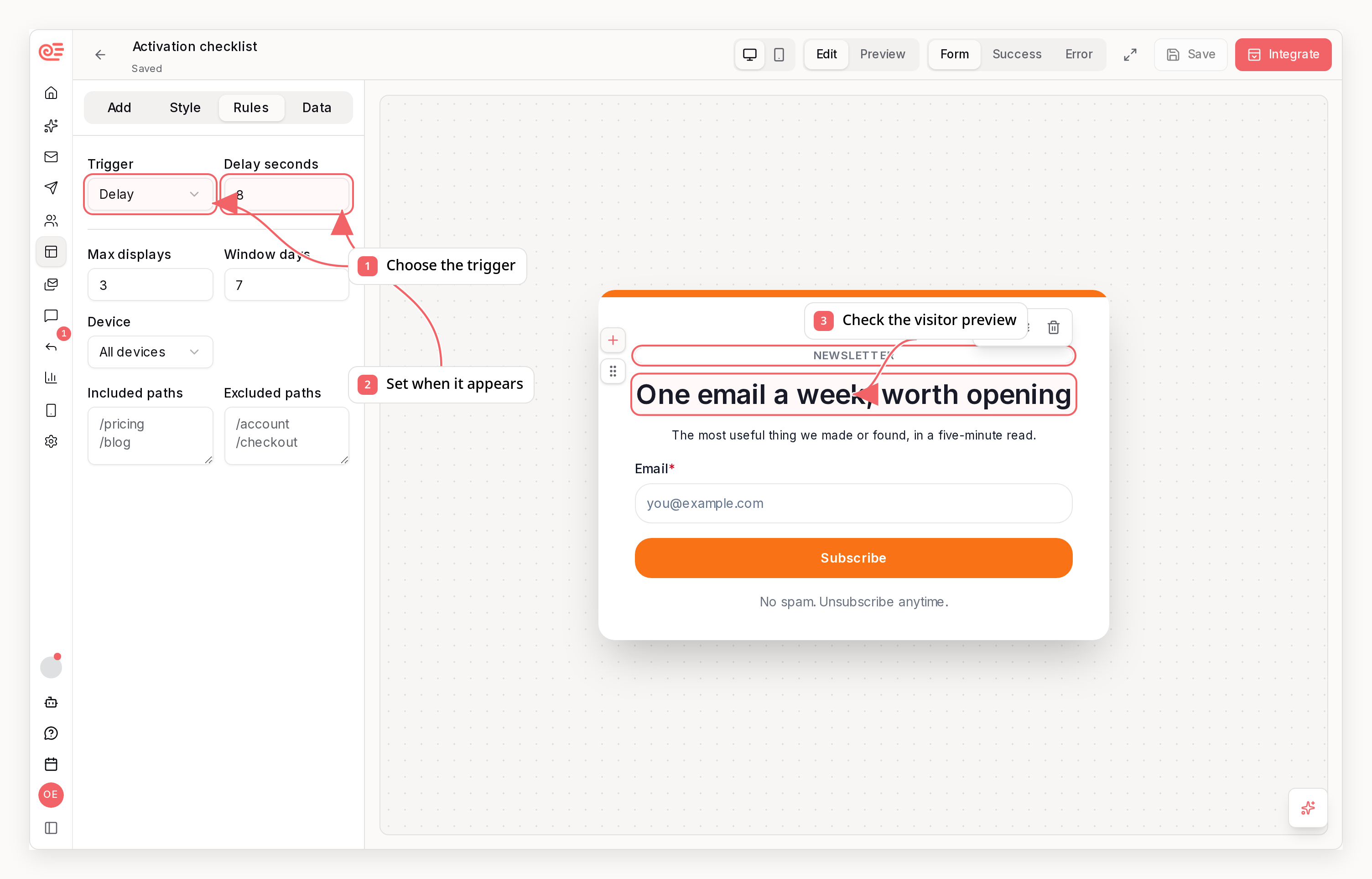 Sequenzy popup editor with callouts showing trigger rules and the visitor preview