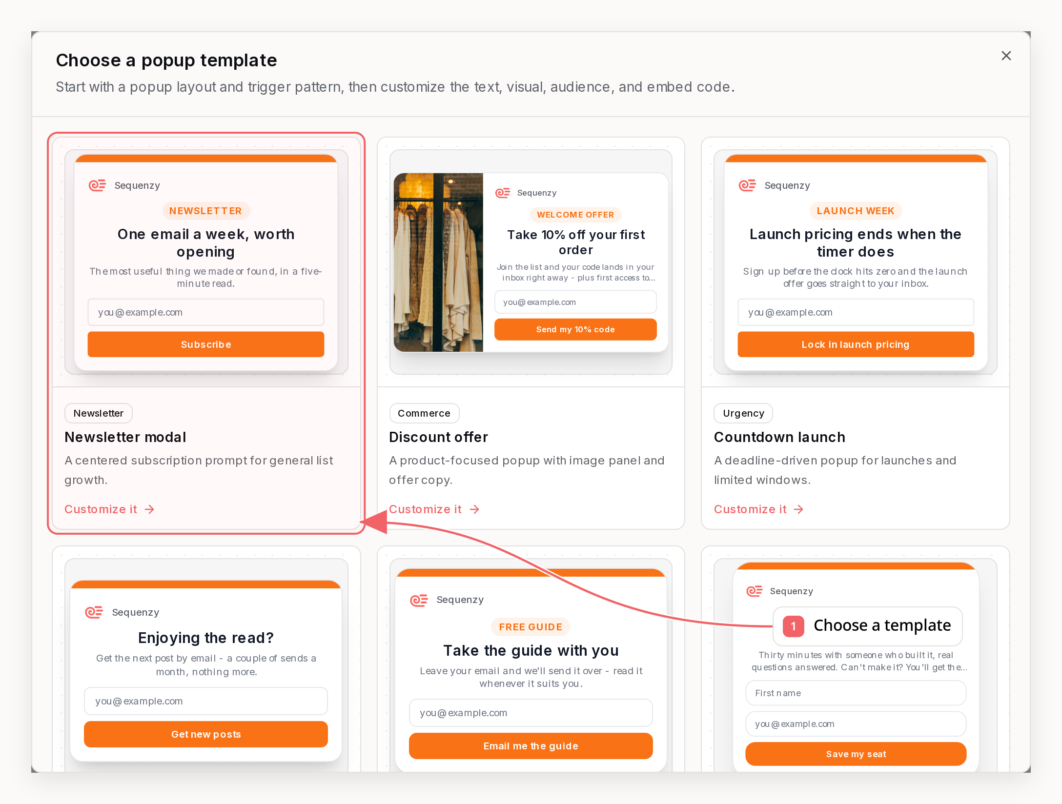 Sequenzy popup templates with callouts showing how to choose and customize a popup