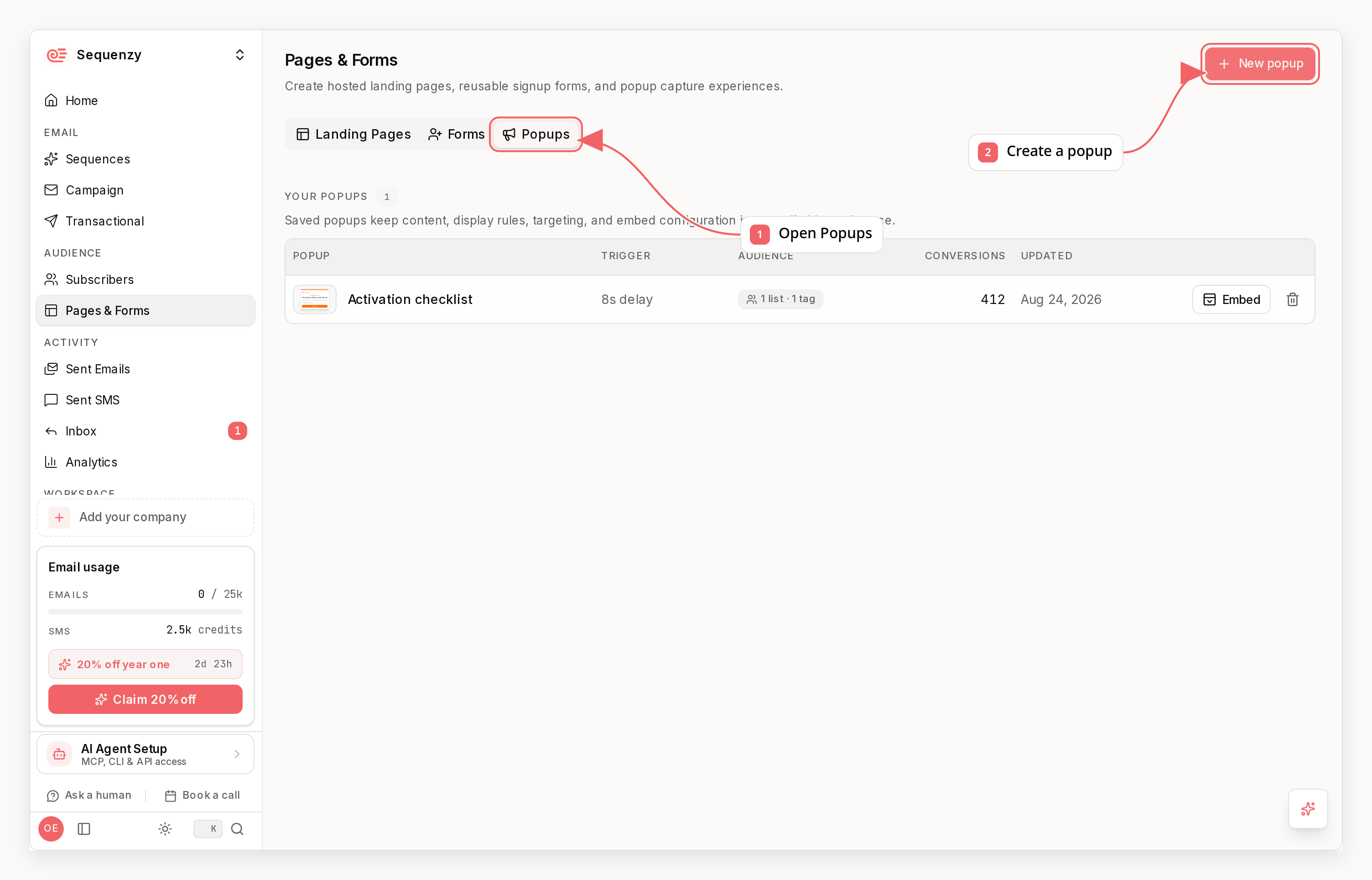 Sequenzy popups list with callouts showing saved popups and popup creation
