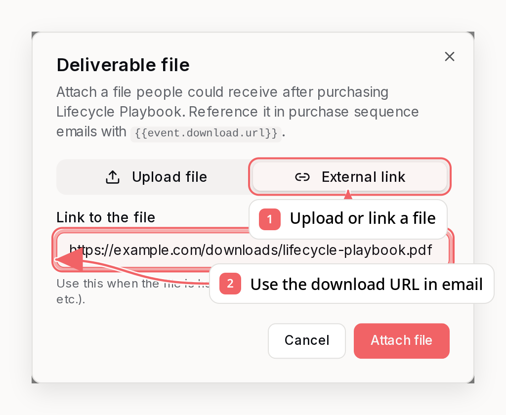 Sequenzy deliverable file dialog with callouts showing external file delivery setup