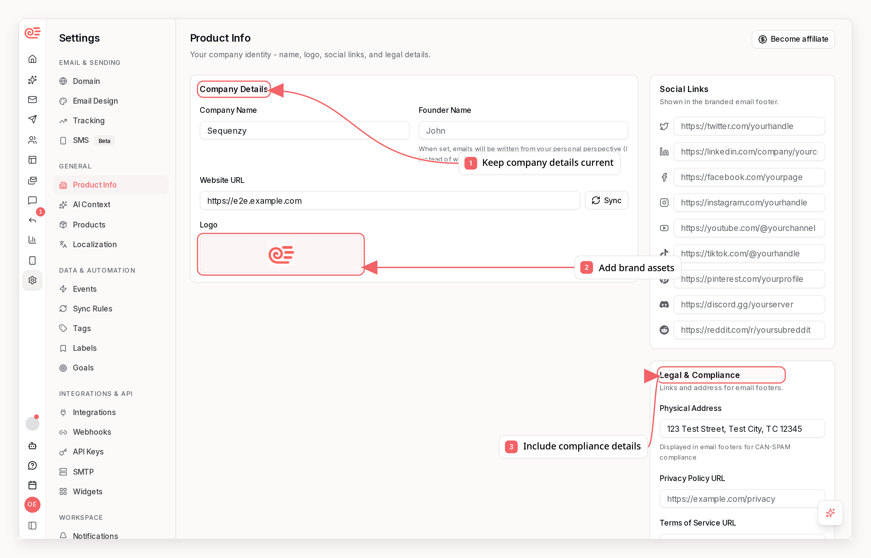 Sequenzy product settings with callouts showing company data, brand assets, and compliance