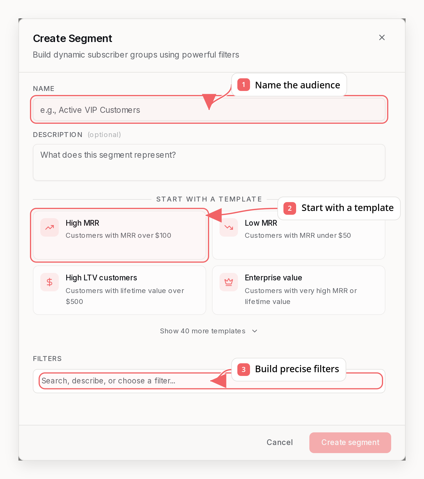 Sequenzy segment builder with callouts showing templates and precise filters