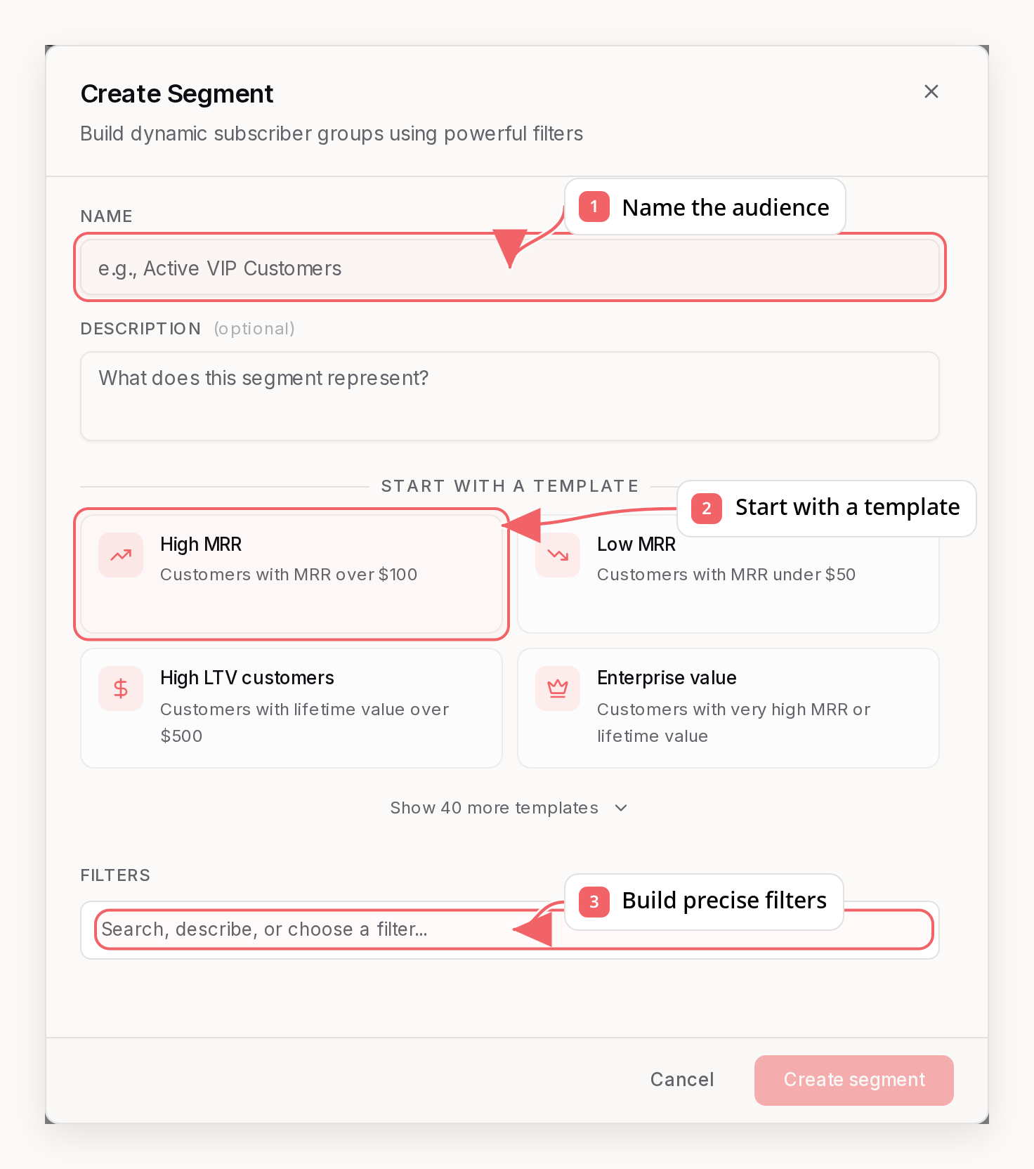 Sequenzy segment builder with callouts showing templates and precise filters
