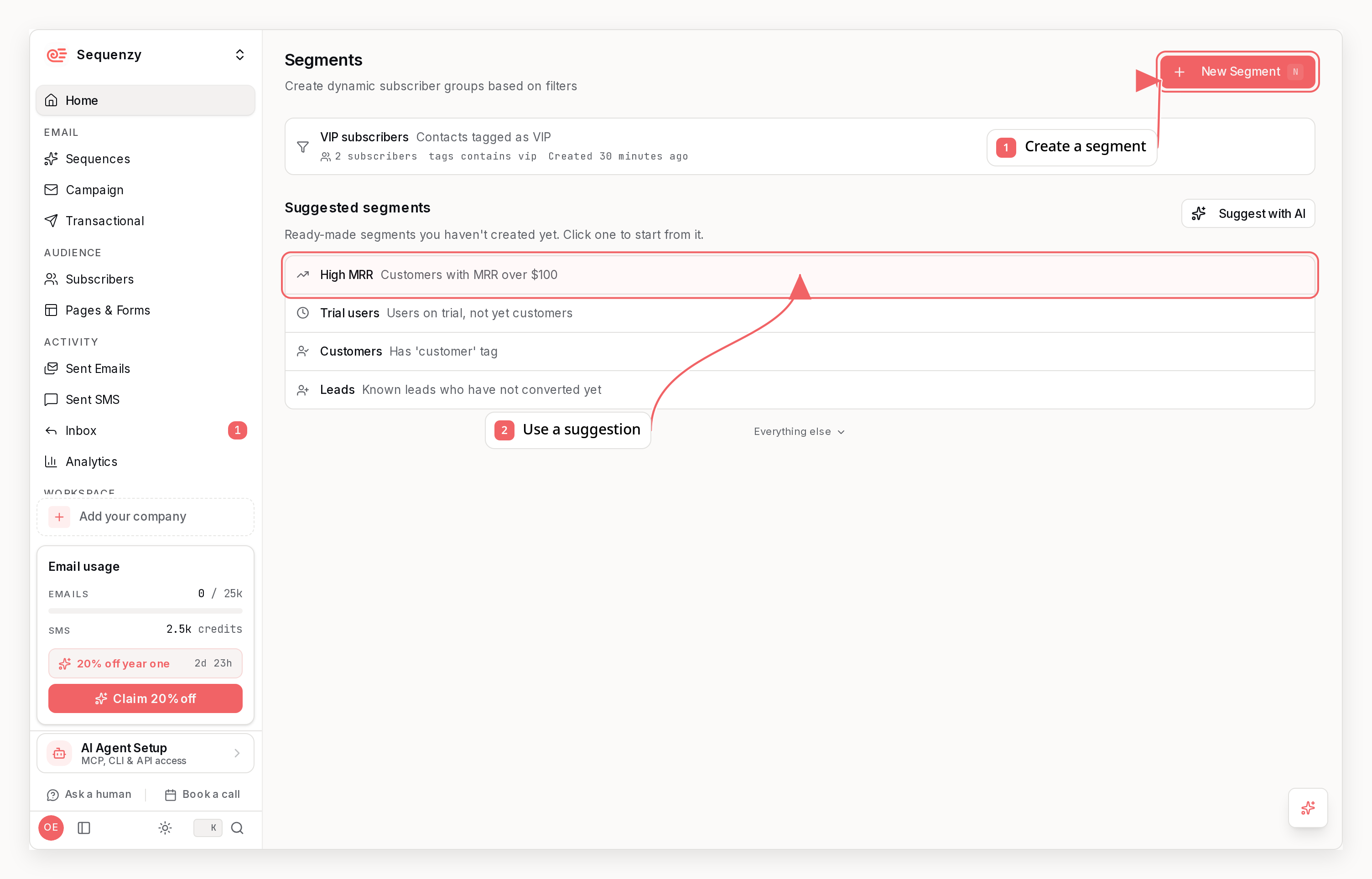 Sequenzy segments dashboard with callouts showing how to create a segment from a suggestion