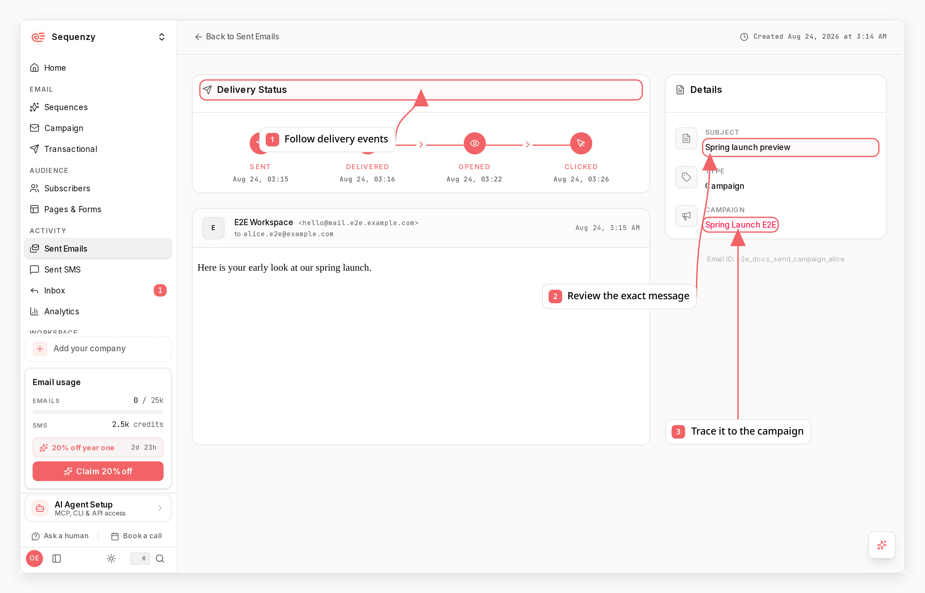 Sequenzy sent email detail with callouts showing delivery events, the message, and its campaign