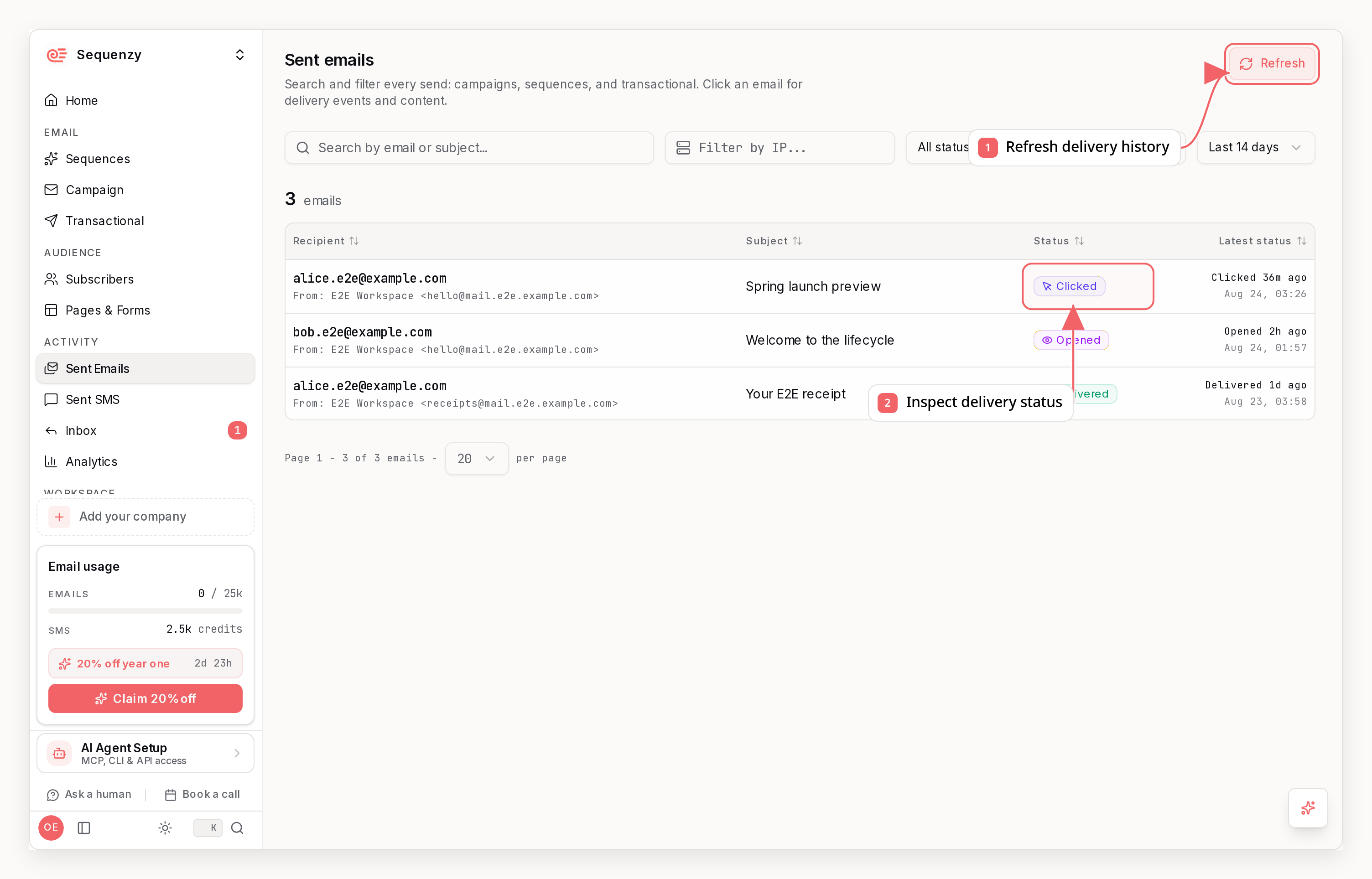Sequenzy sent email history with callouts showing delivery details and refresh controls