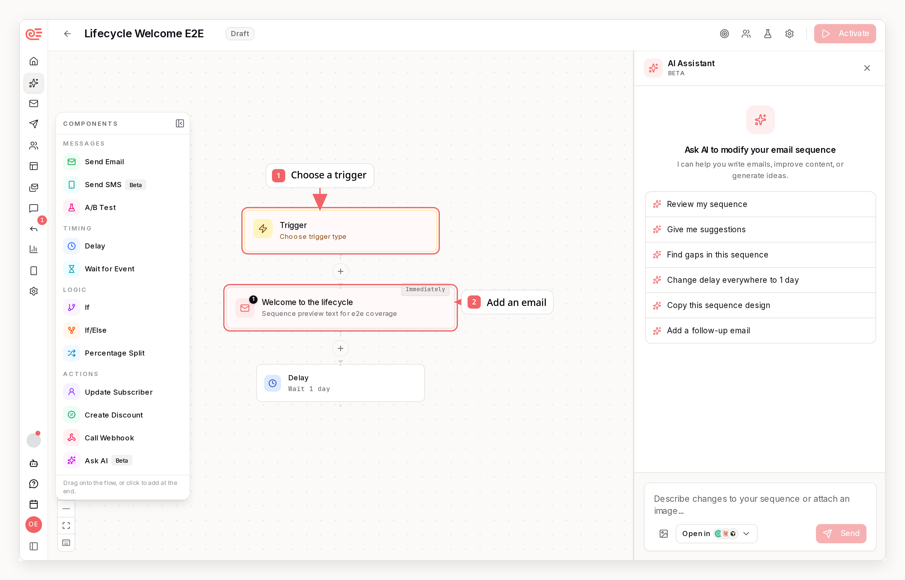 Sequenzy sequence builder with callouts showing the trigger and email steps