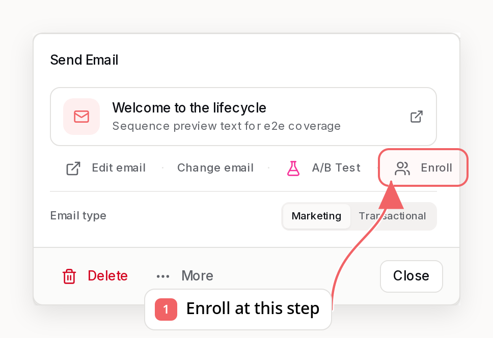 Sequence email step popover with the Enroll action highlighted