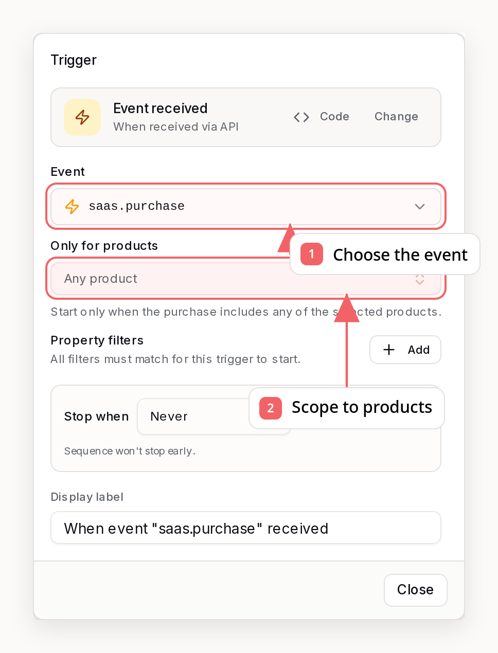 Sequenzy event trigger editor with callouts showing event and property filters