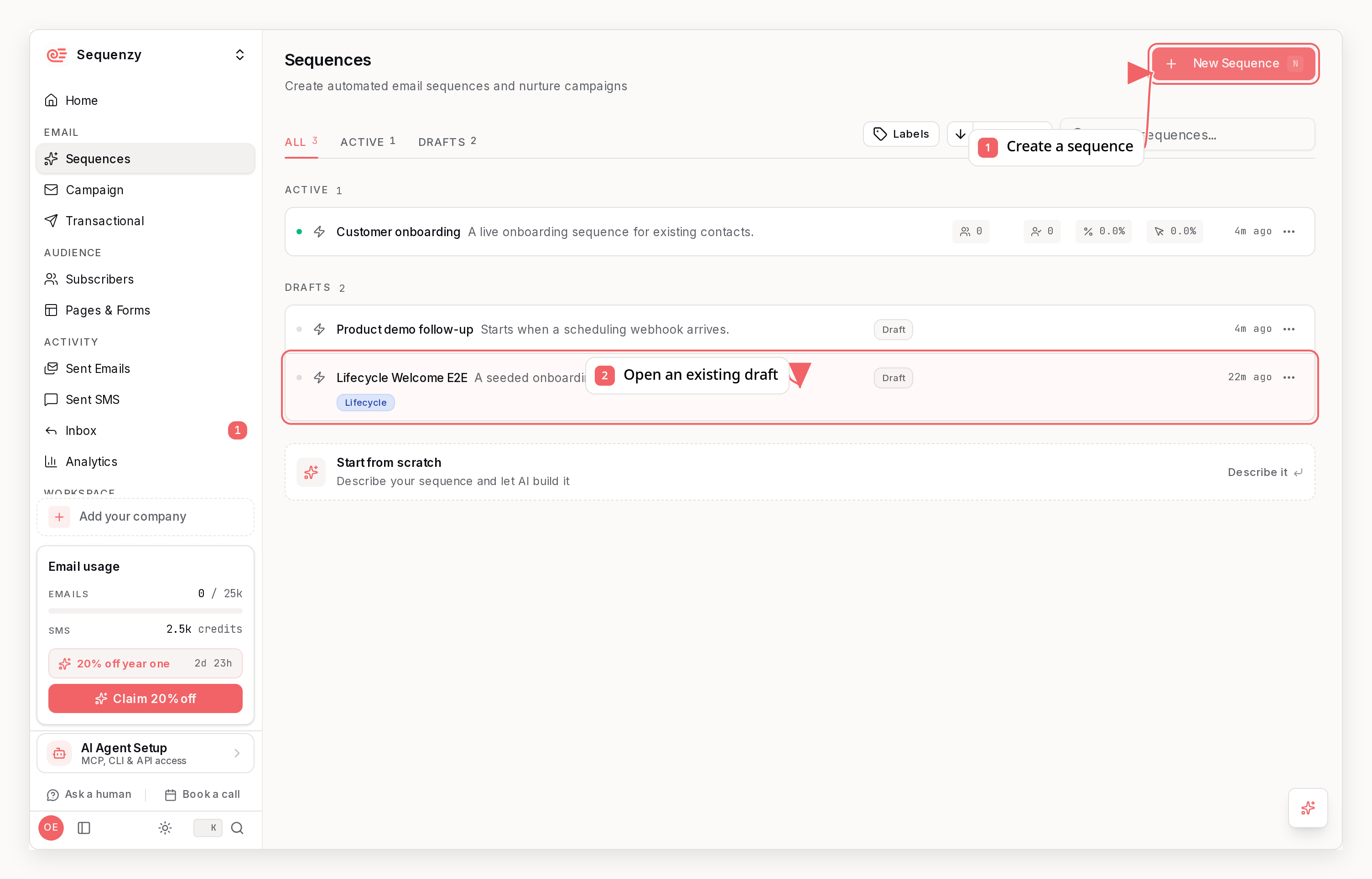 Sequenzy sequence list with callouts showing how to create and open an automation