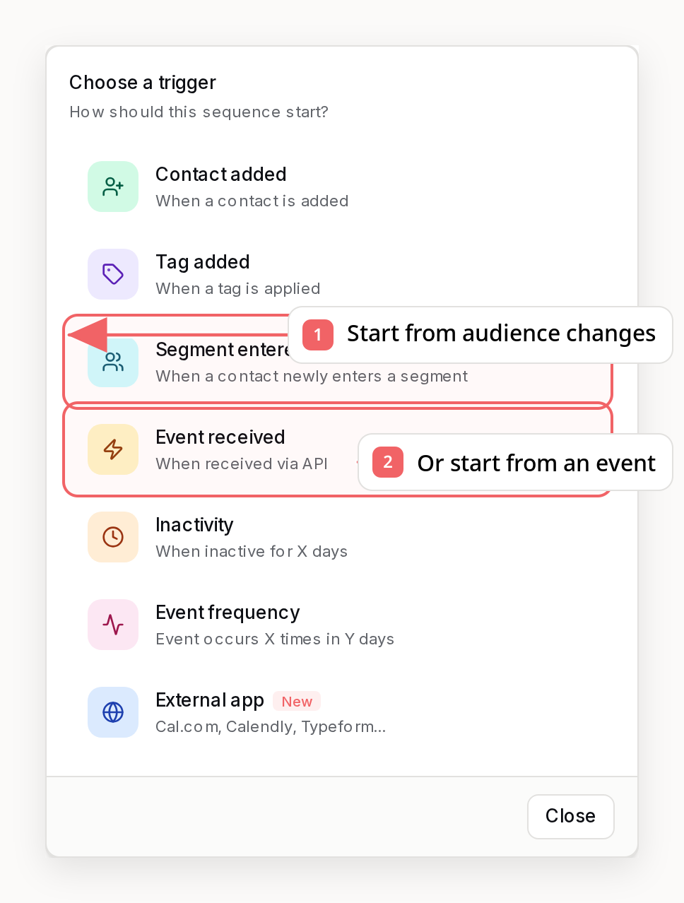 Sequenzy trigger picker with callouts showing segment and event triggers
