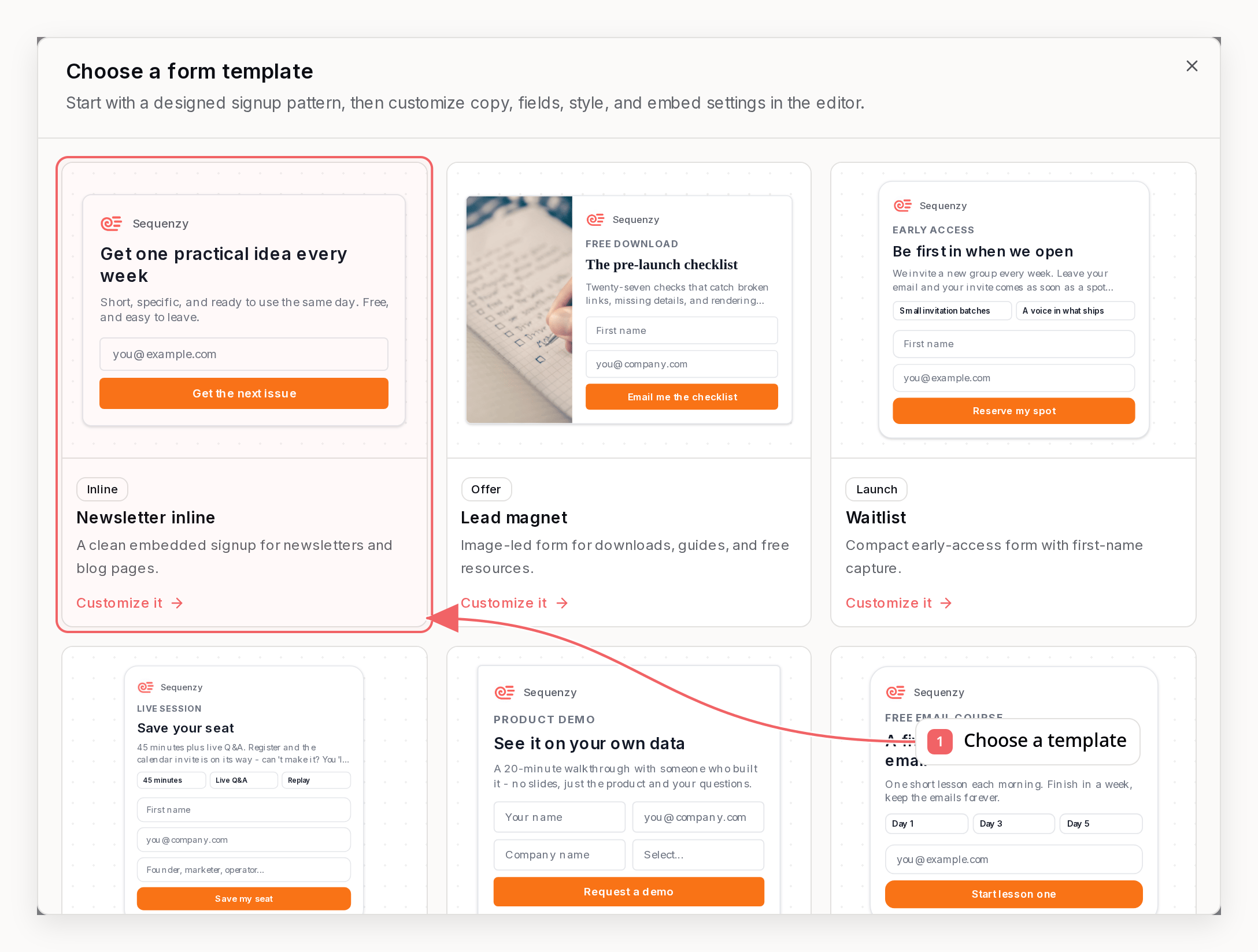 Sequenzy signup form templates with callouts showing how to choose and customize a form
