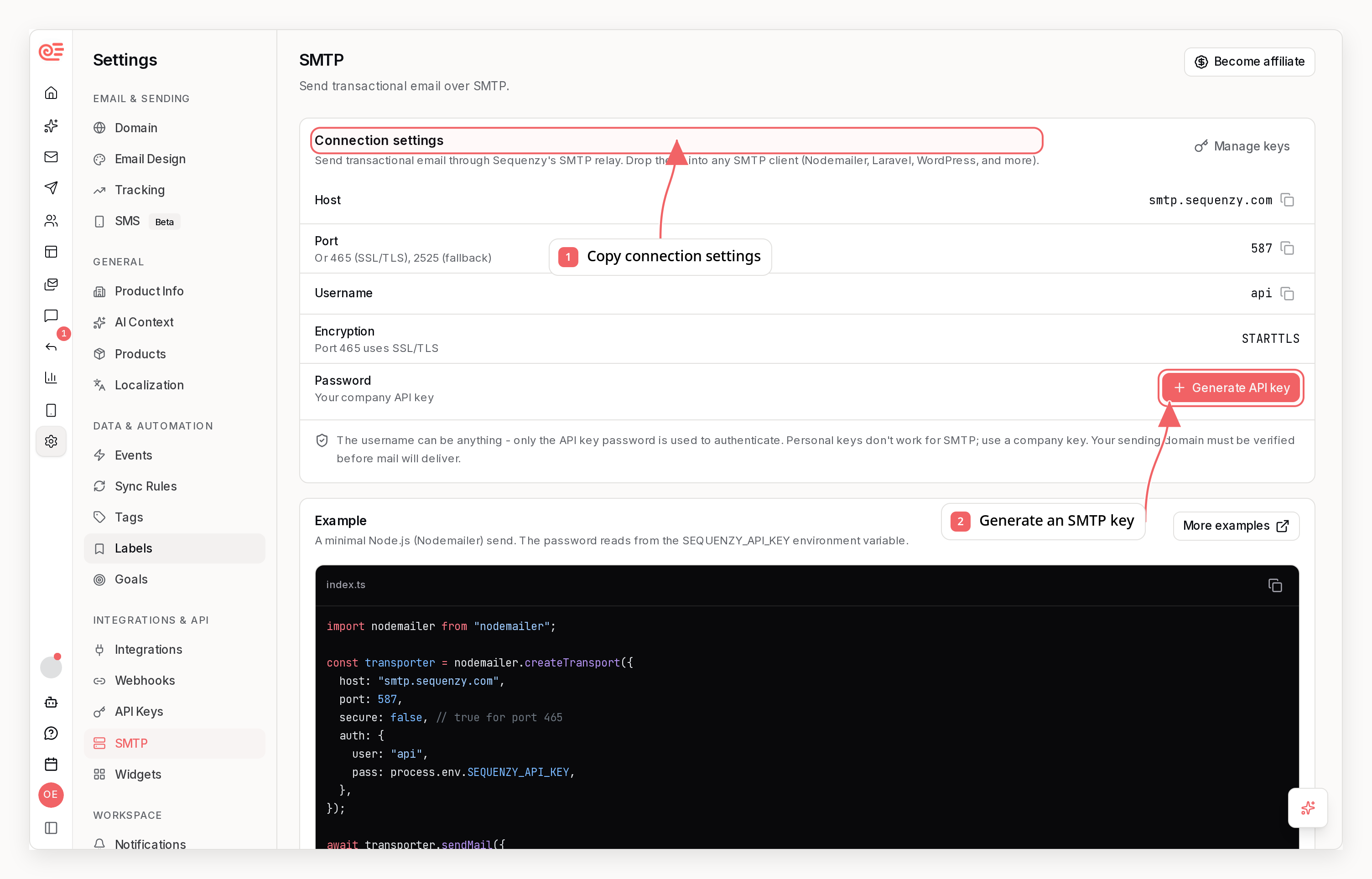 Sequenzy SMTP settings with callouts showing connection details and API key creation