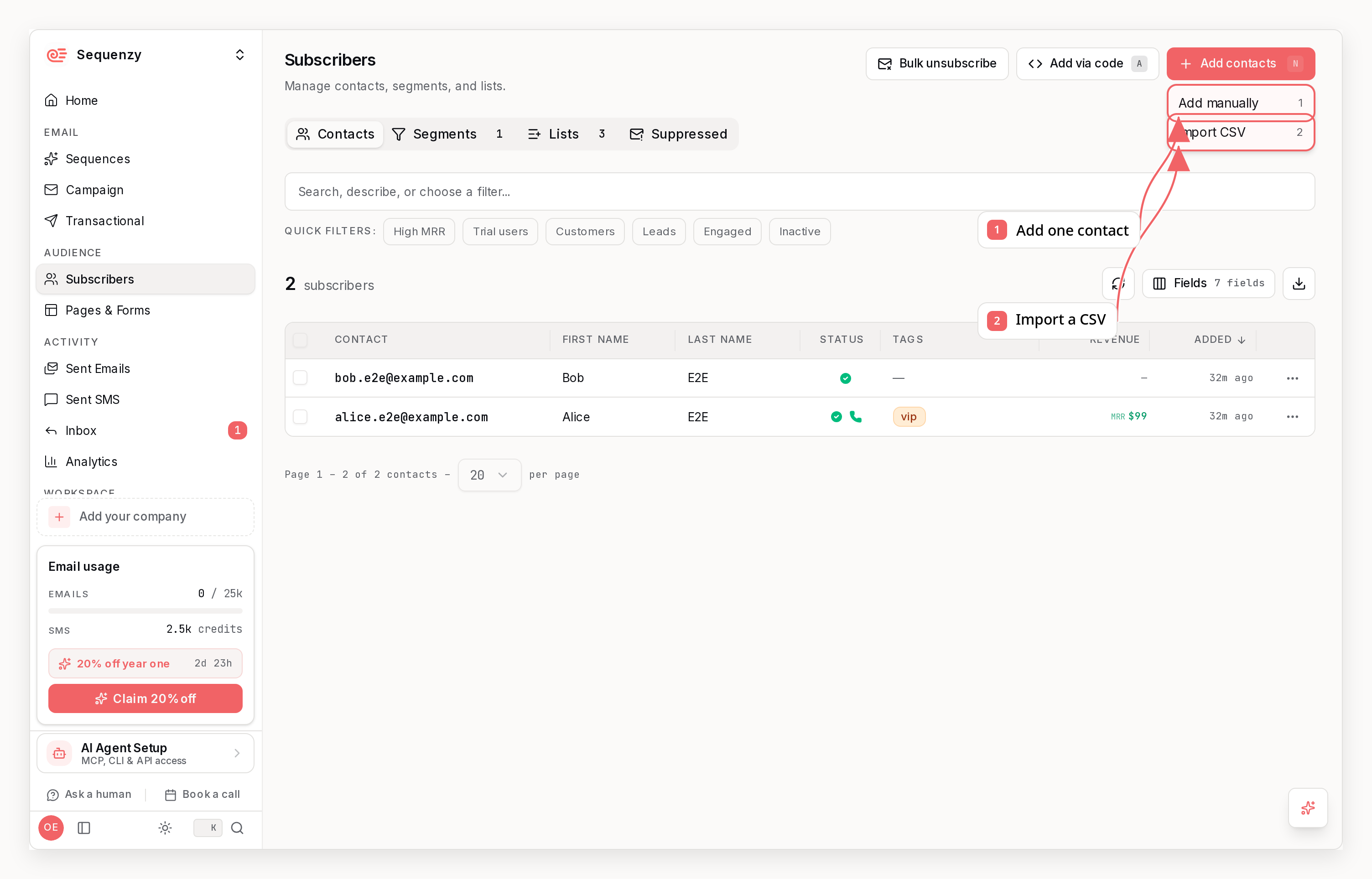 Sequenzy subscribers page with callouts showing manual contact creation and CSV import
