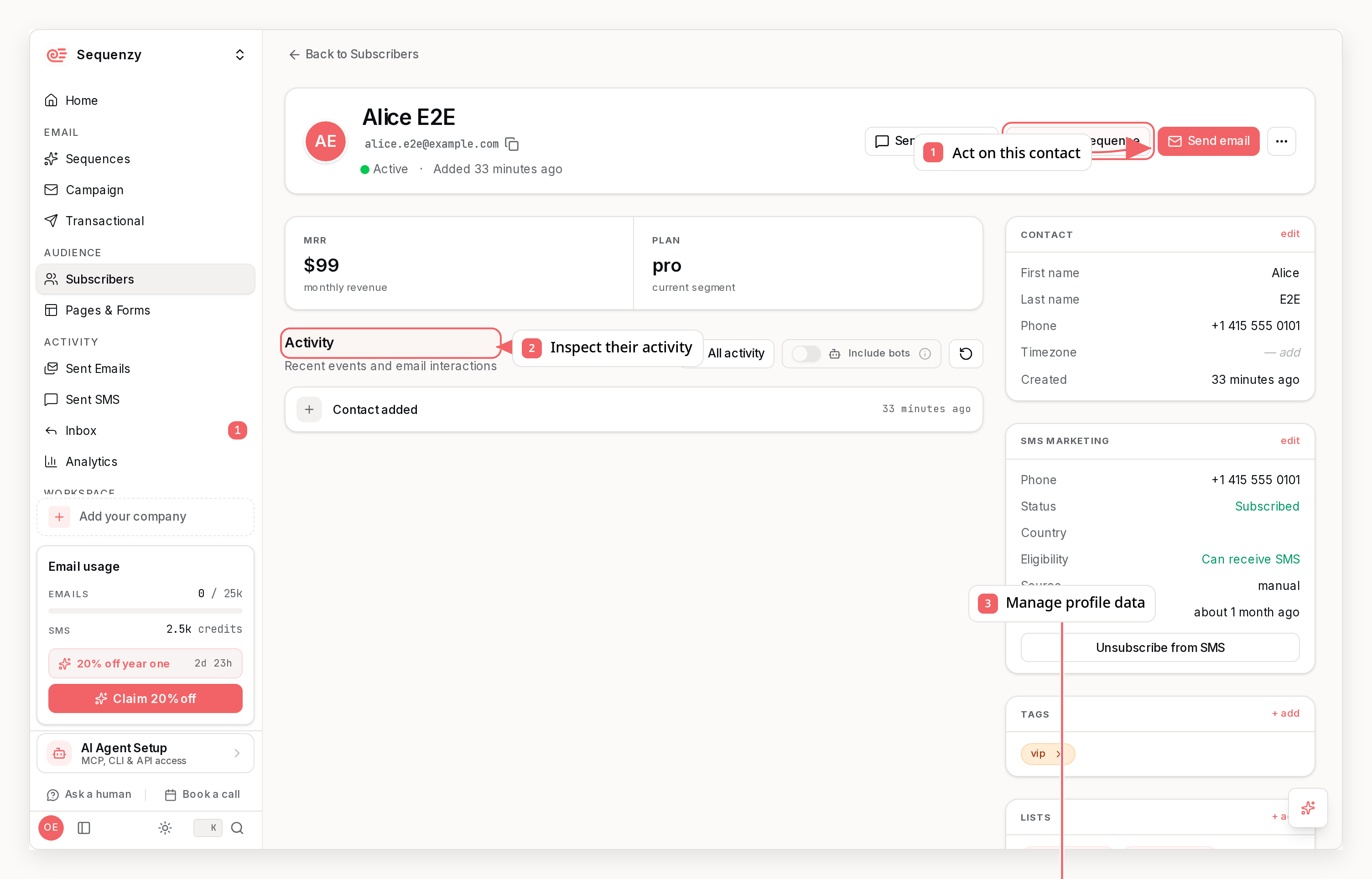 Sequenzy subscriber profile with callouts showing activity and custom attributes