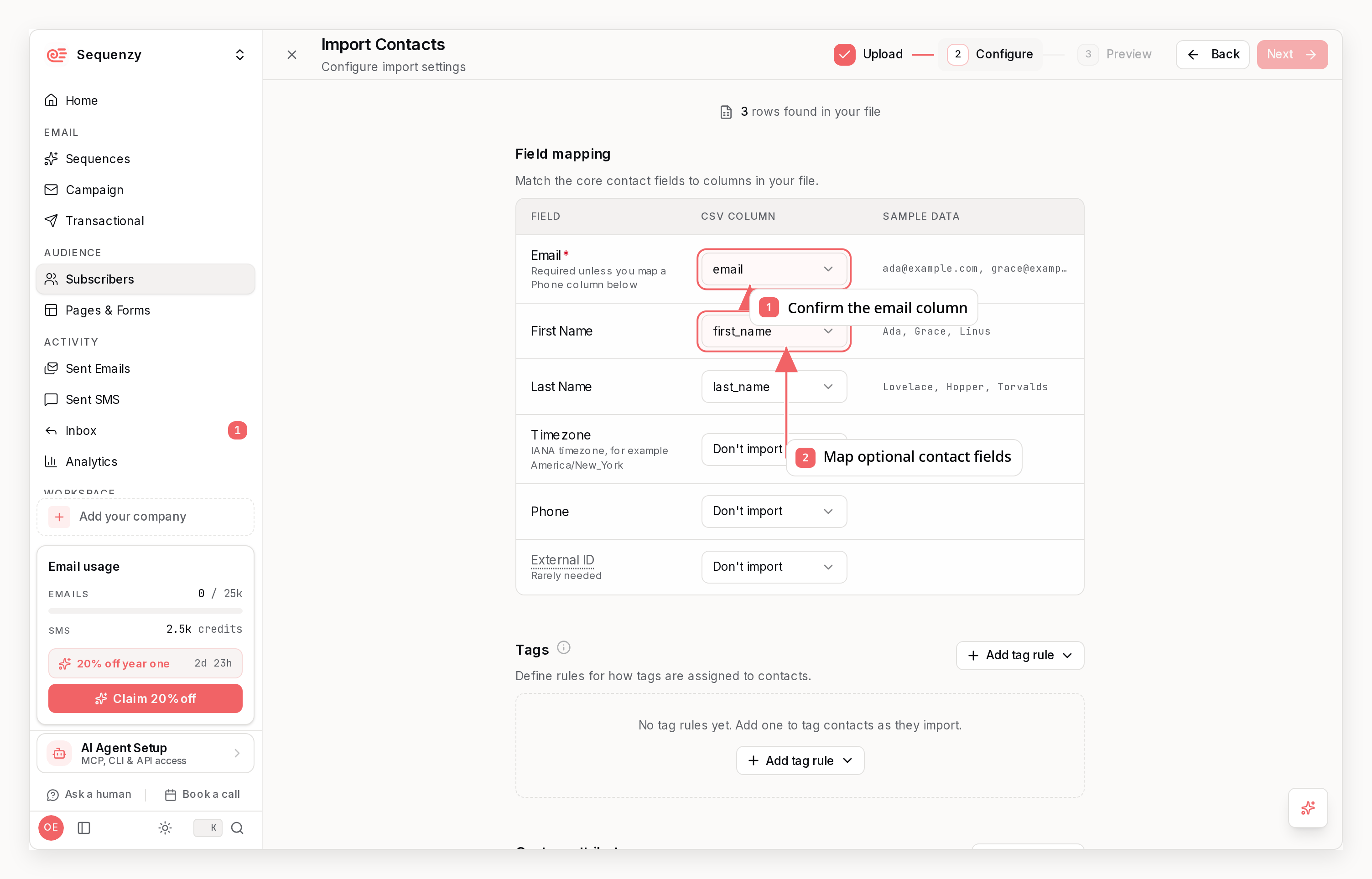 Sequenzy CSV subscriber import with callouts showing required and optional field mapping