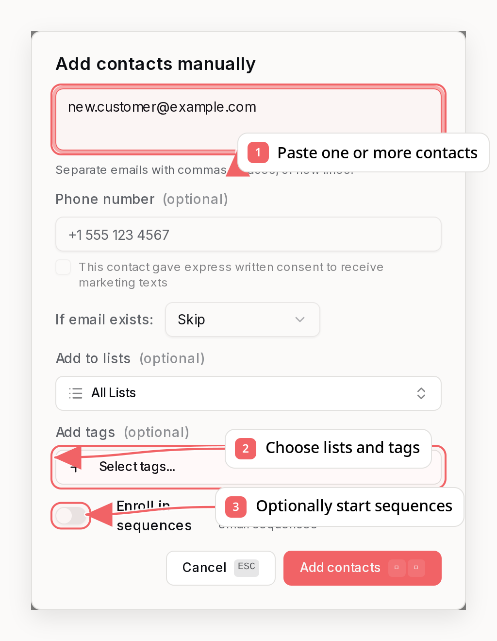 Sequenzy manual contact dialog with callouts showing contact data, audience choices, and sequence enrollment