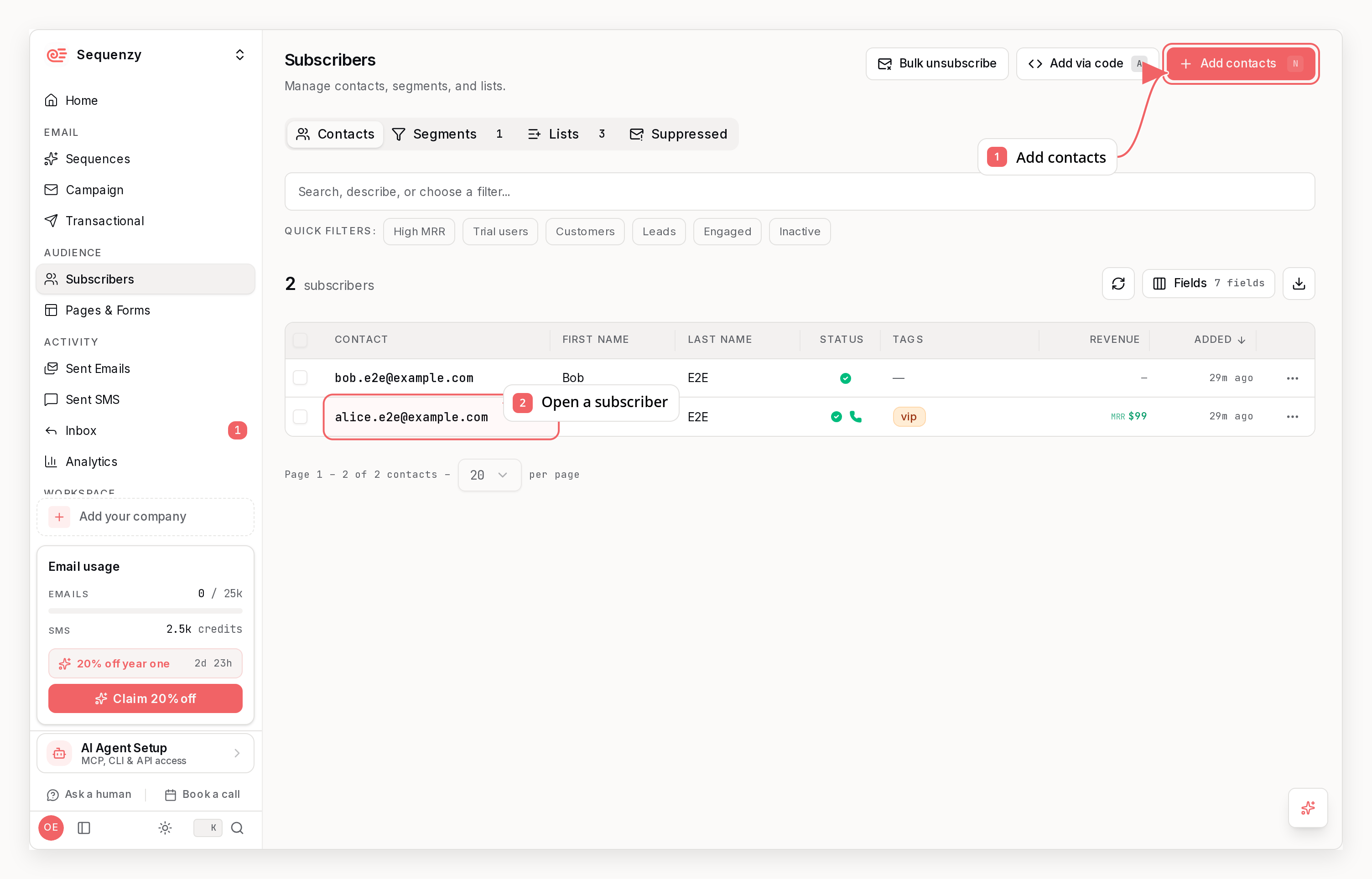 Sequenzy subscribers dashboard with callouts showing how to add and open contacts