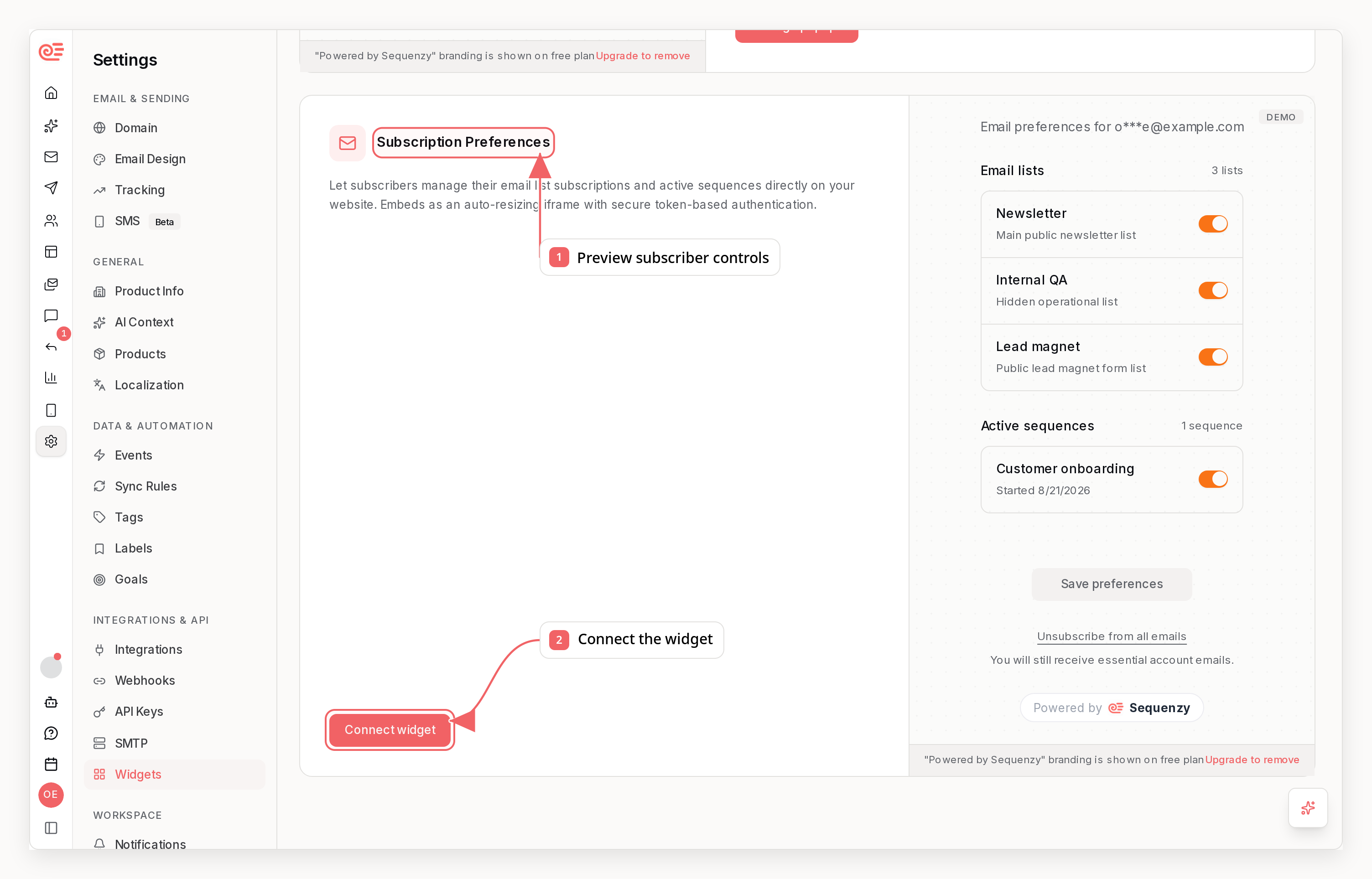 Sequenzy subscription preferences settings with callouts showing the subscriber preview and widget connection