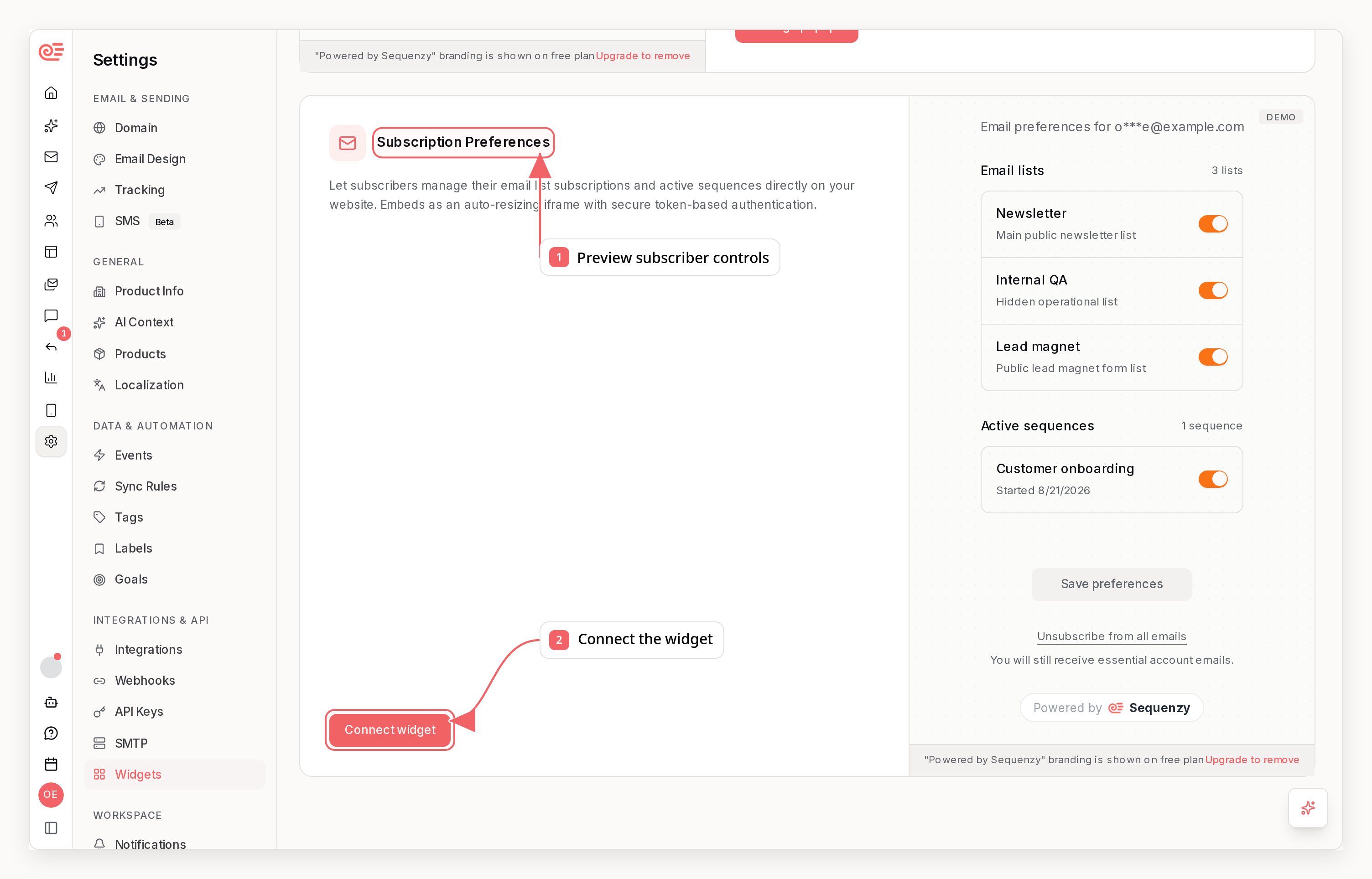 Sequenzy subscription preferences settings with callouts showing the subscriber preview and widget connection