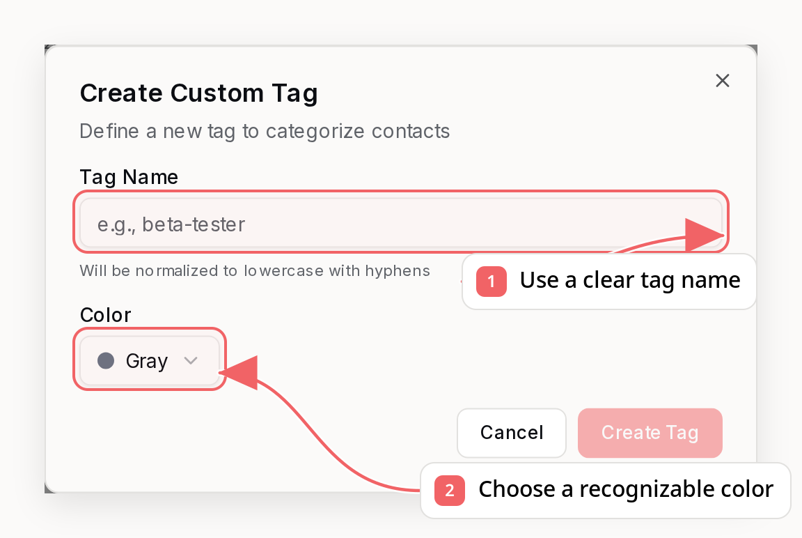 Sequenzy custom tag dialog with callouts showing tag naming and color
