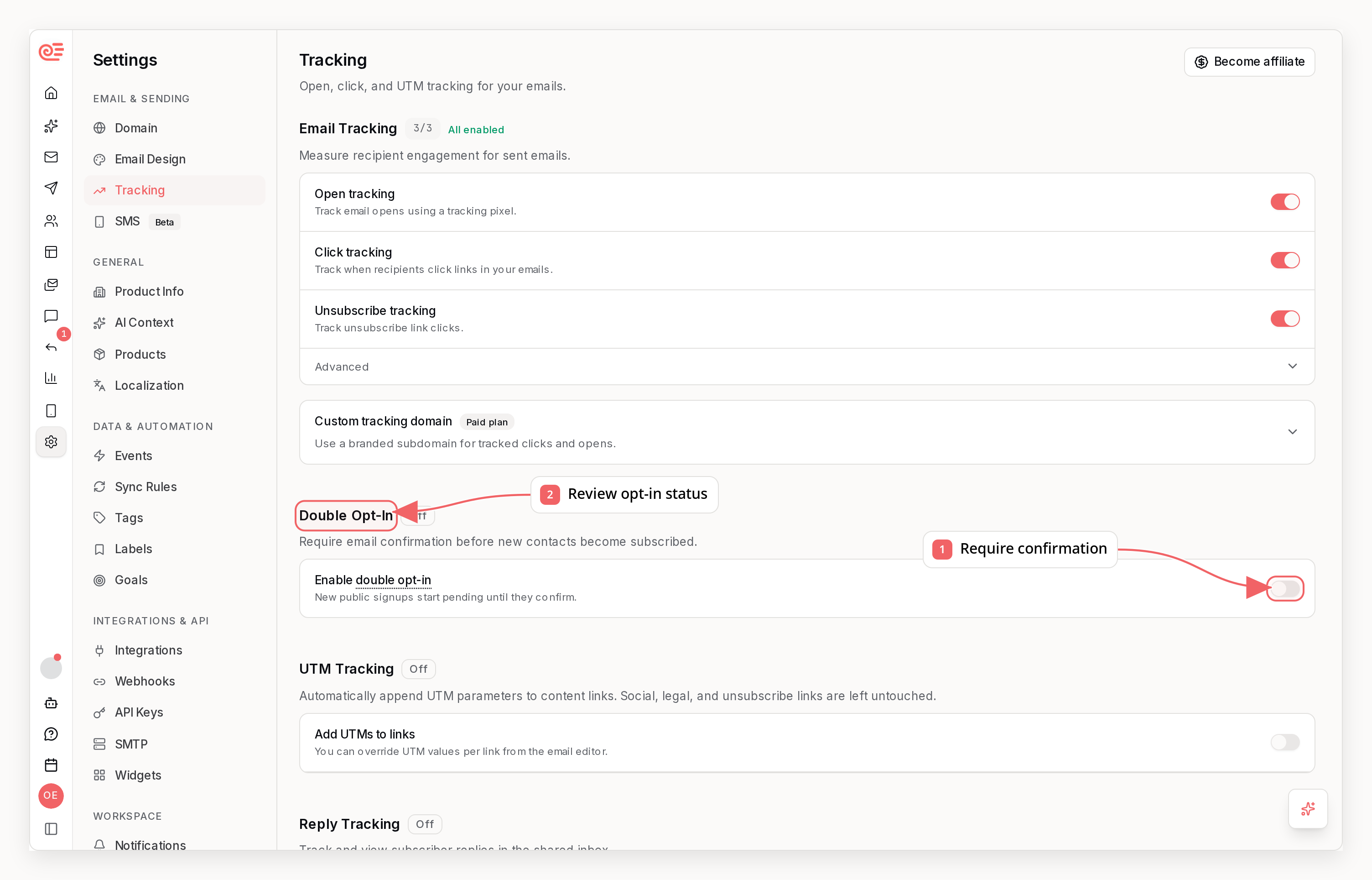 Sequenzy double opt-in settings with callouts showing status and confirmation controls