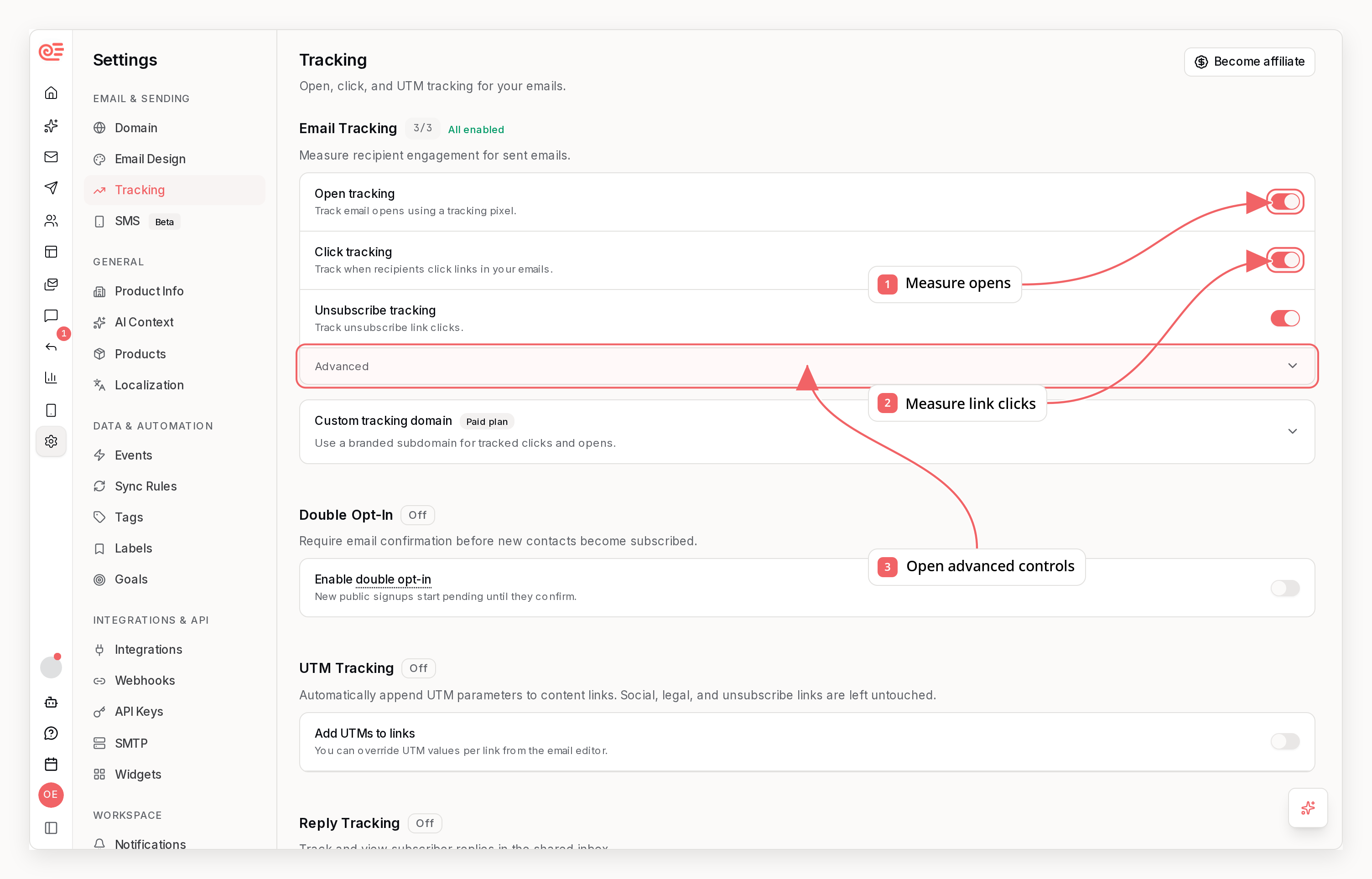 Sequenzy email tracking settings with callouts showing opens, clicks, and advanced controls