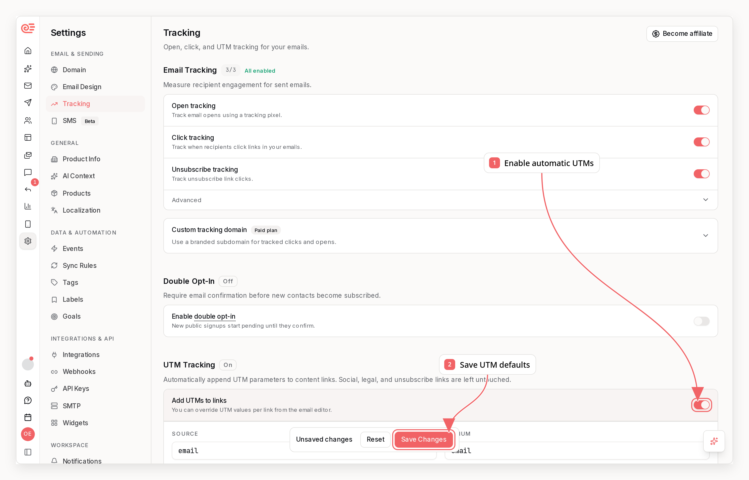 Sequenzy UTM settings with callouts showing automatic tagging and campaign defaults