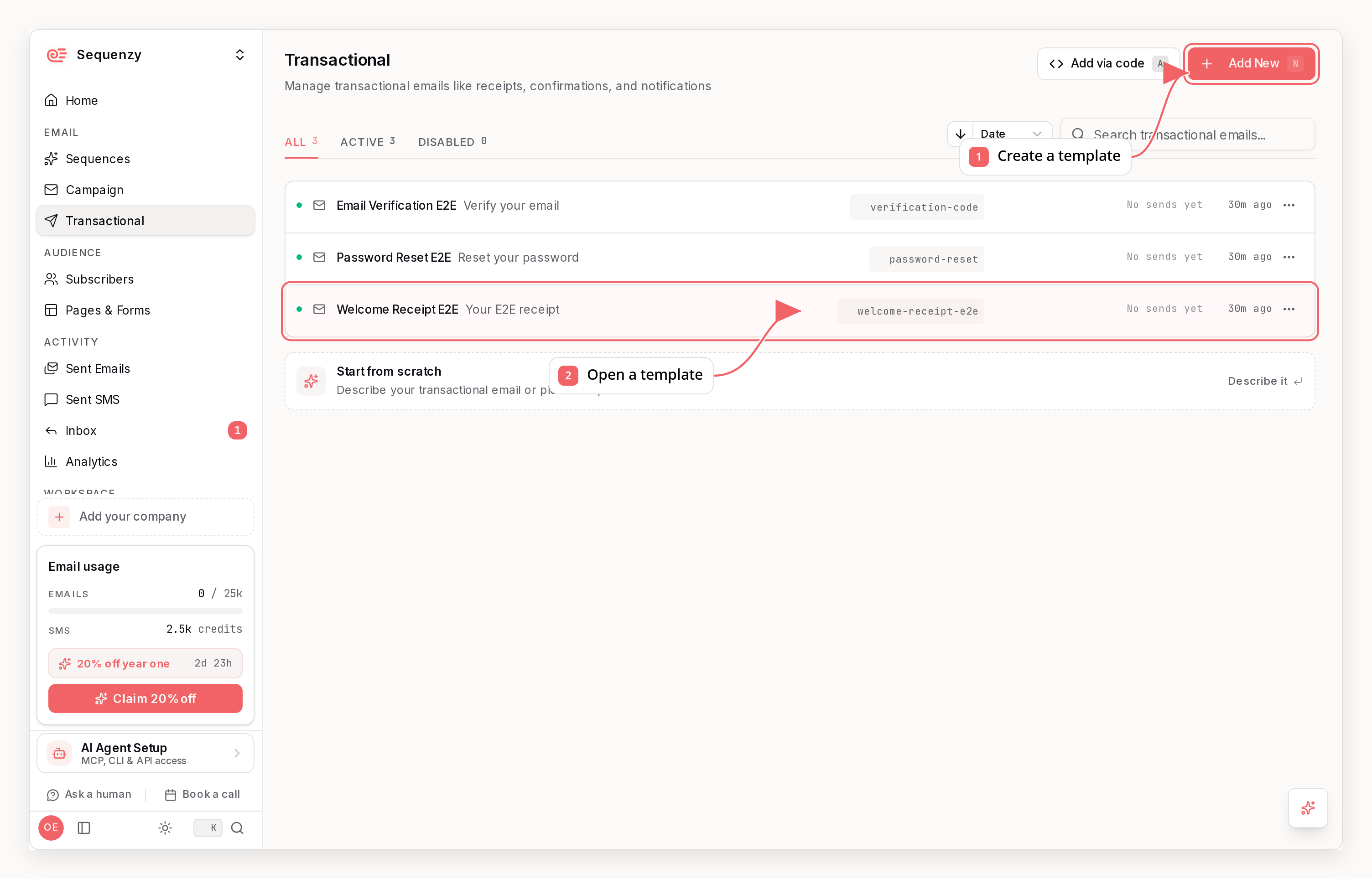 Sequenzy transactional email dashboard with callouts showing how to create and open a template