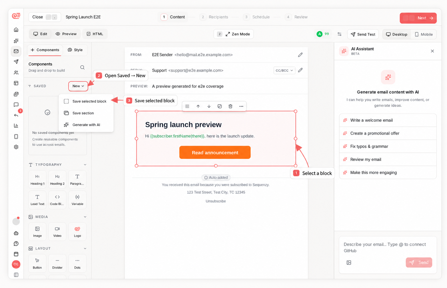 Sequenzy email editor showing how to select a block and save it as a reusable component