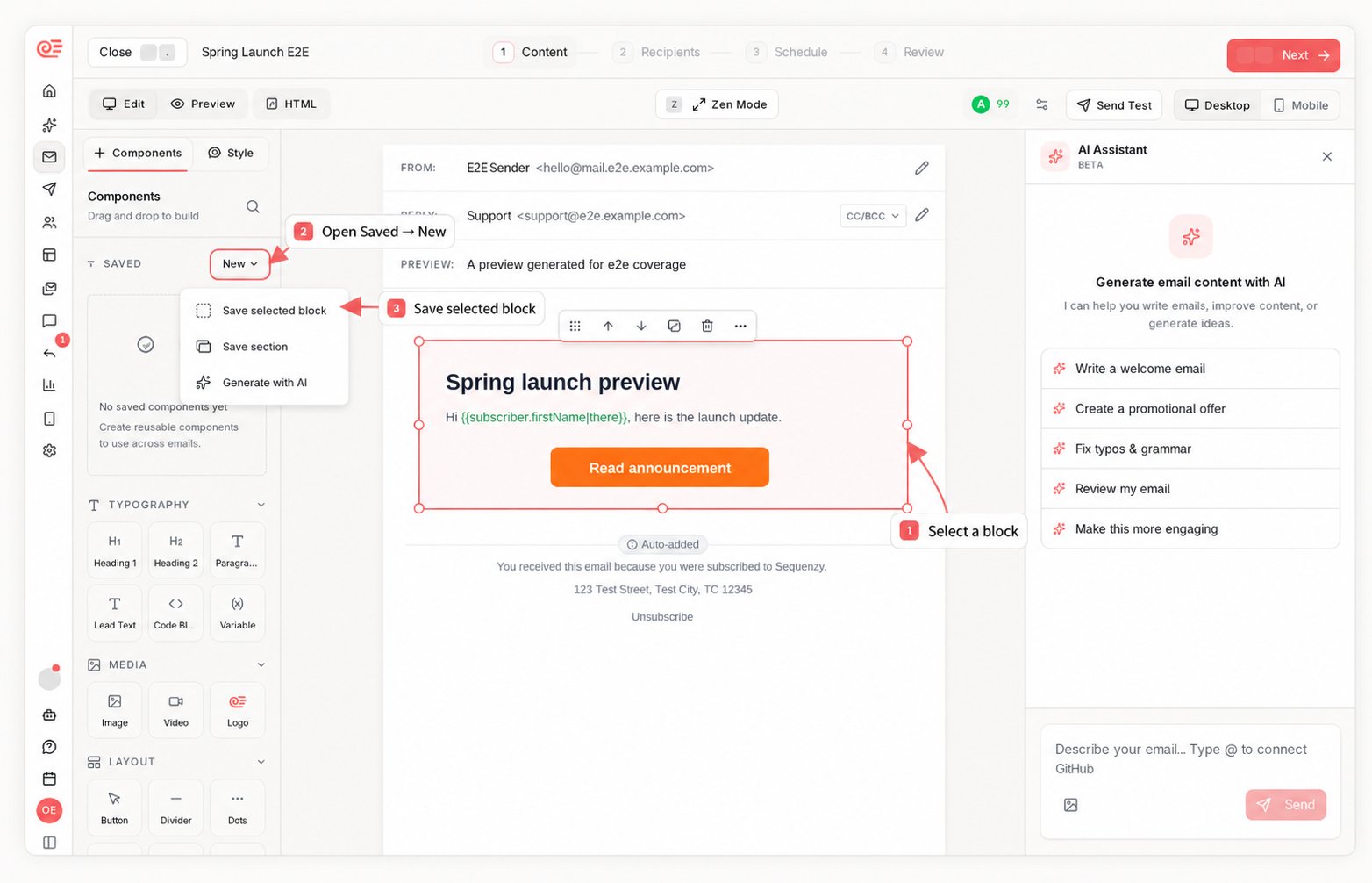 Sequenzy email editor showing how to select a block and save it as a reusable component
