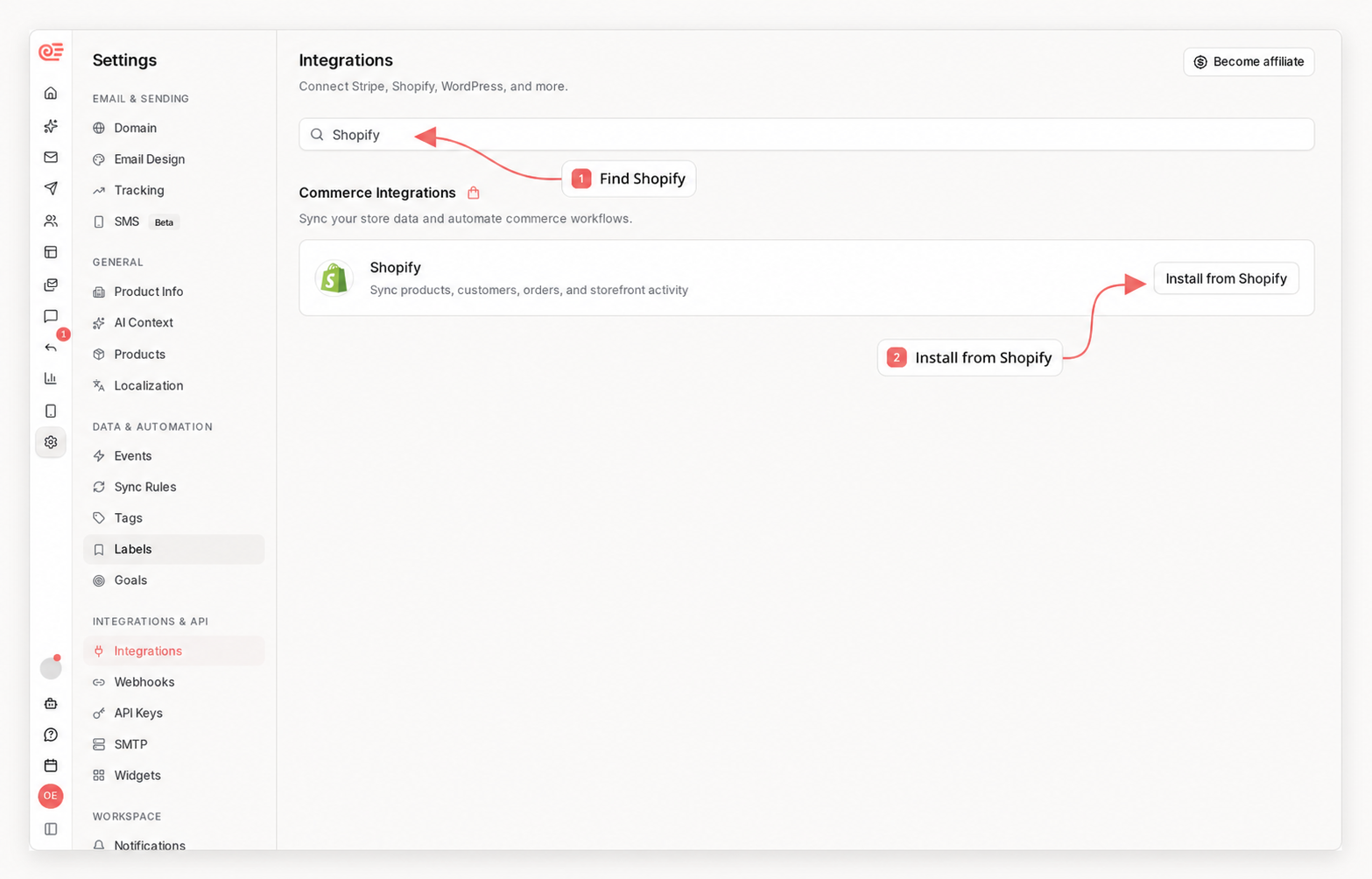 Sequenzy Integrations page showing how to find Shopify and start installation