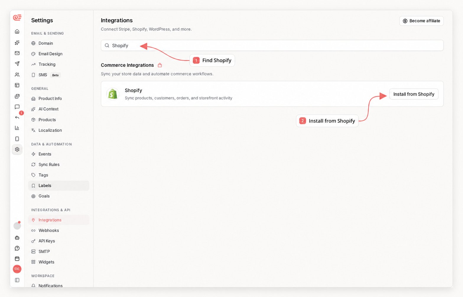 Sequenzy Integrations page showing how to find Shopify and start installation