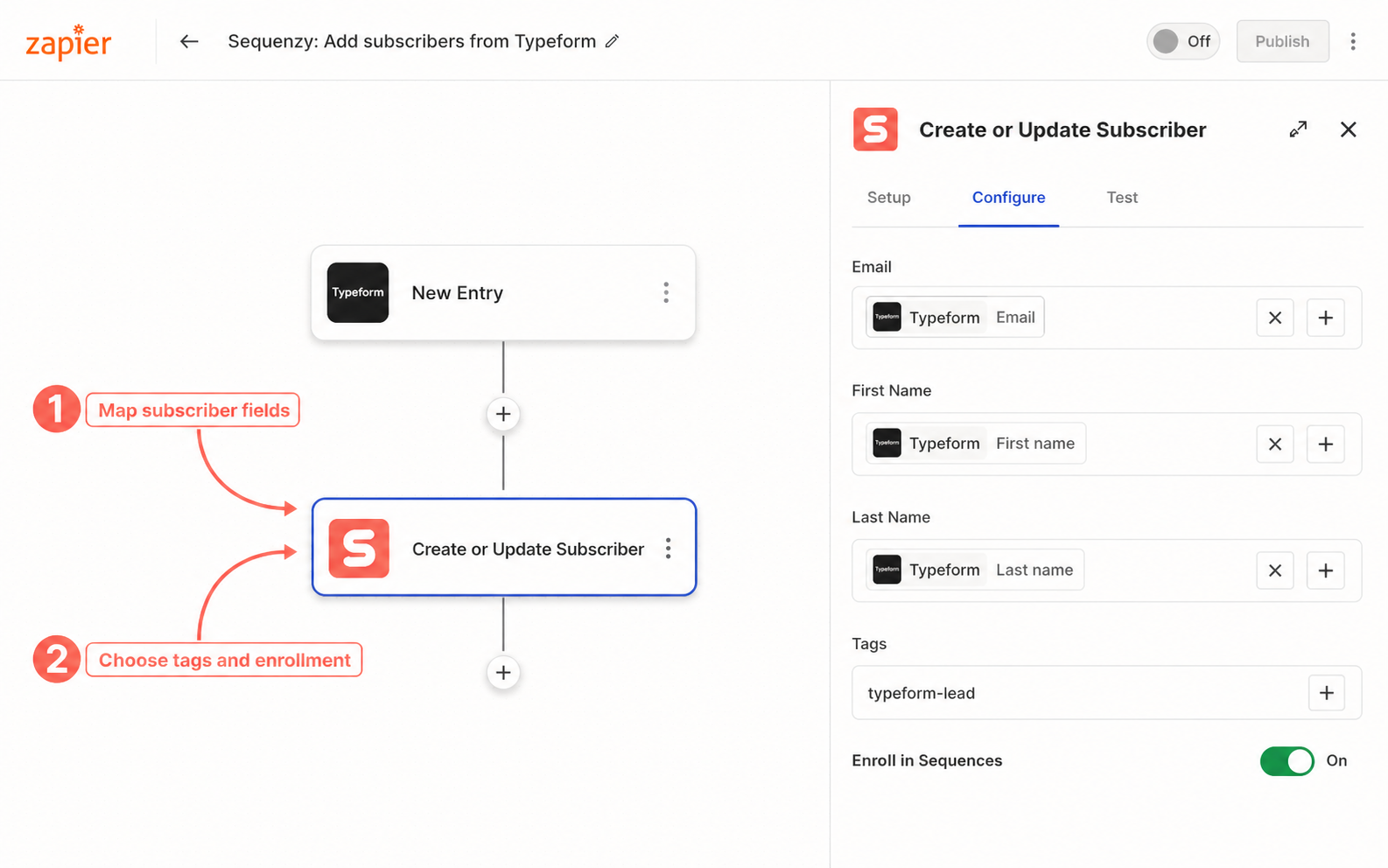Zapier Sequenzy action showing subscriber field mappings, tags, and sequence enrollment